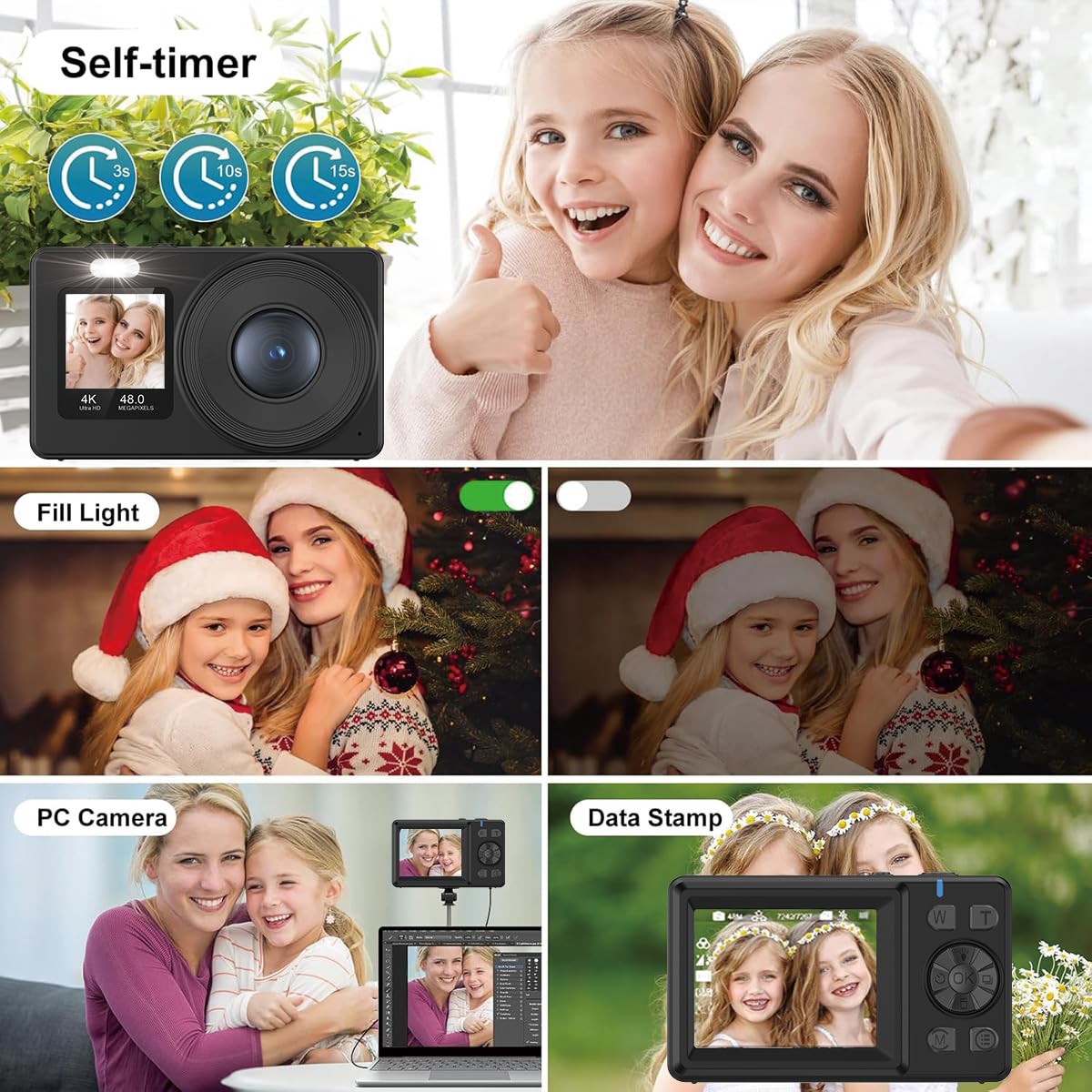 Four panels showing AILRINNI 4K Digital Camera X9-M features: Self-timer, Fill Light, PC Camera, and Data Stamp.