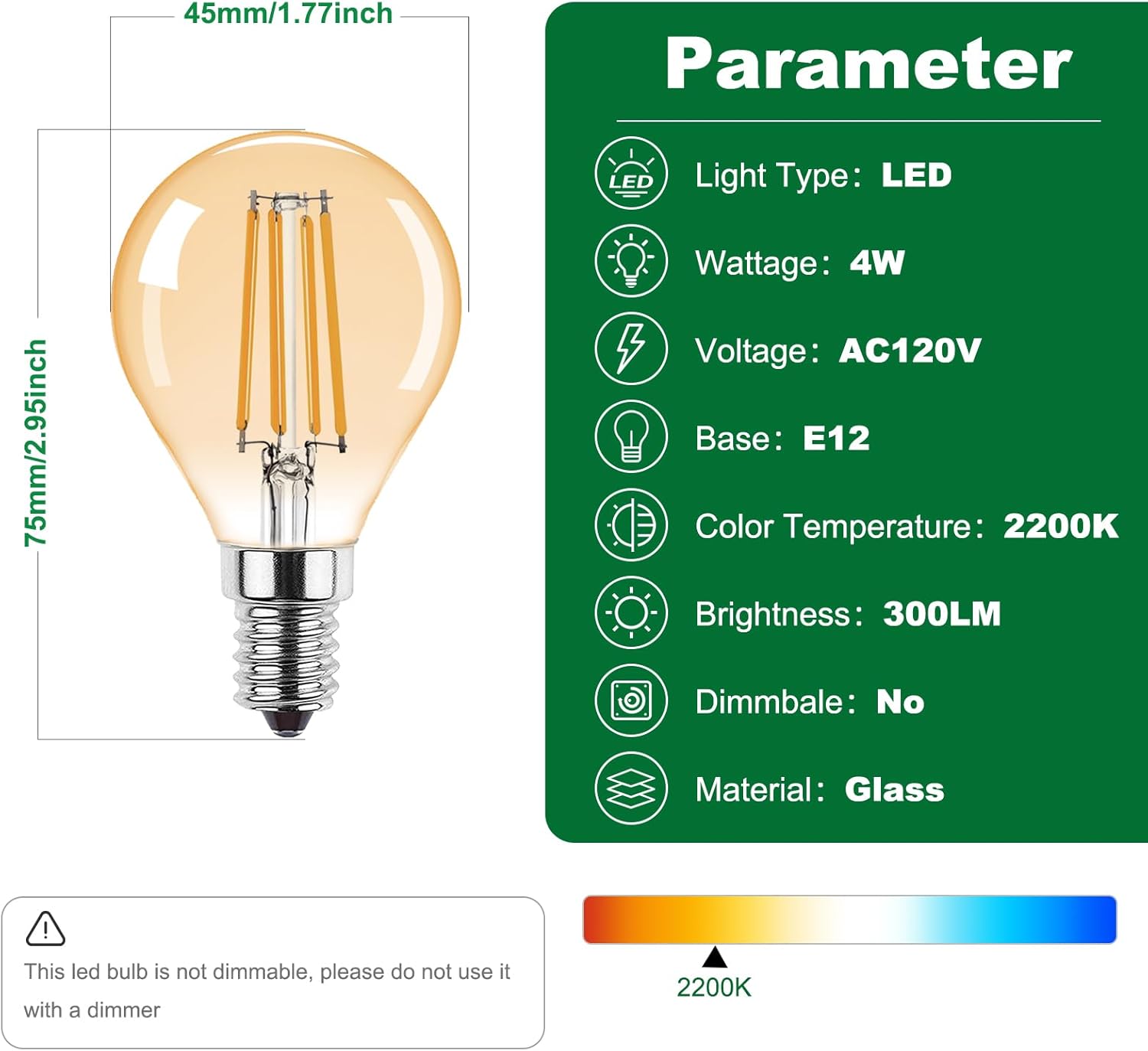 G45 E12 Vintage LED Small Edison Bulb 120V 4W (30 Watt Equivalent),Antique Globe Filament Decorative Light Bulbs Warm White 2200K 300LM,Amber Glass,Non-Dimmable,2 Pack