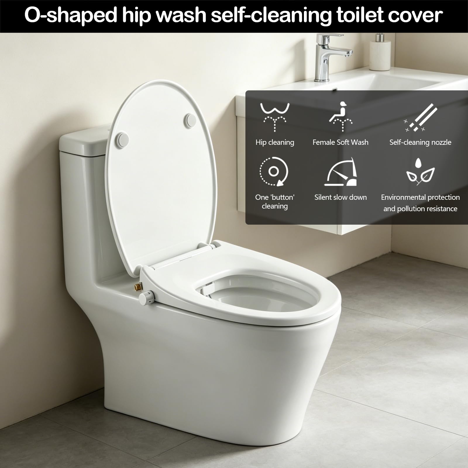 Abattant WC Japonais Forme O, Siège de WC Lavant Lunette de Toilette non Électrique à Double Buse et Fermeture Amortie et 2 Coussins de Siège de WC à Dégagement Rapide
