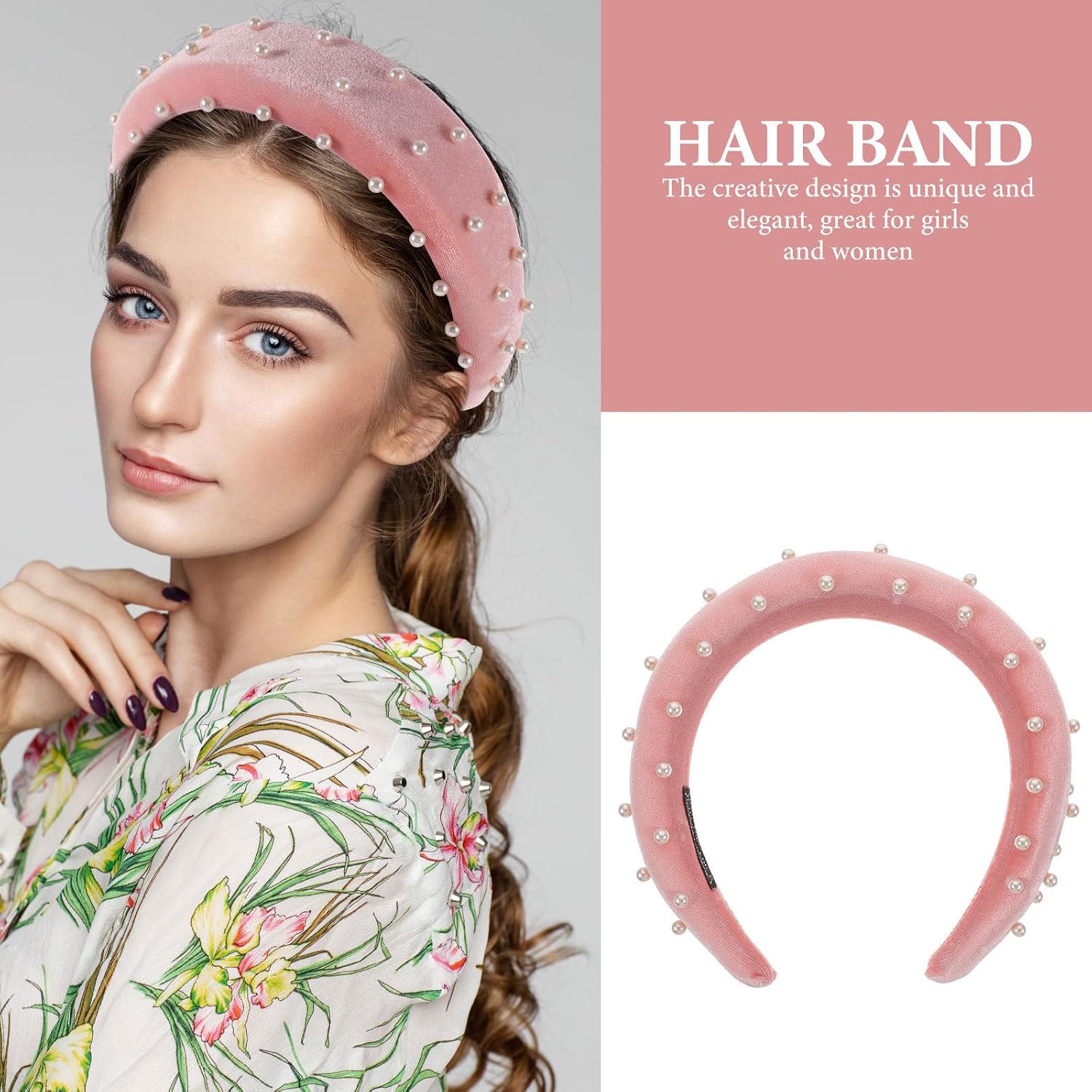 ERINGOGO Rhinestone Pearl Pink Hair Hoop Headband for Women and Party image 4