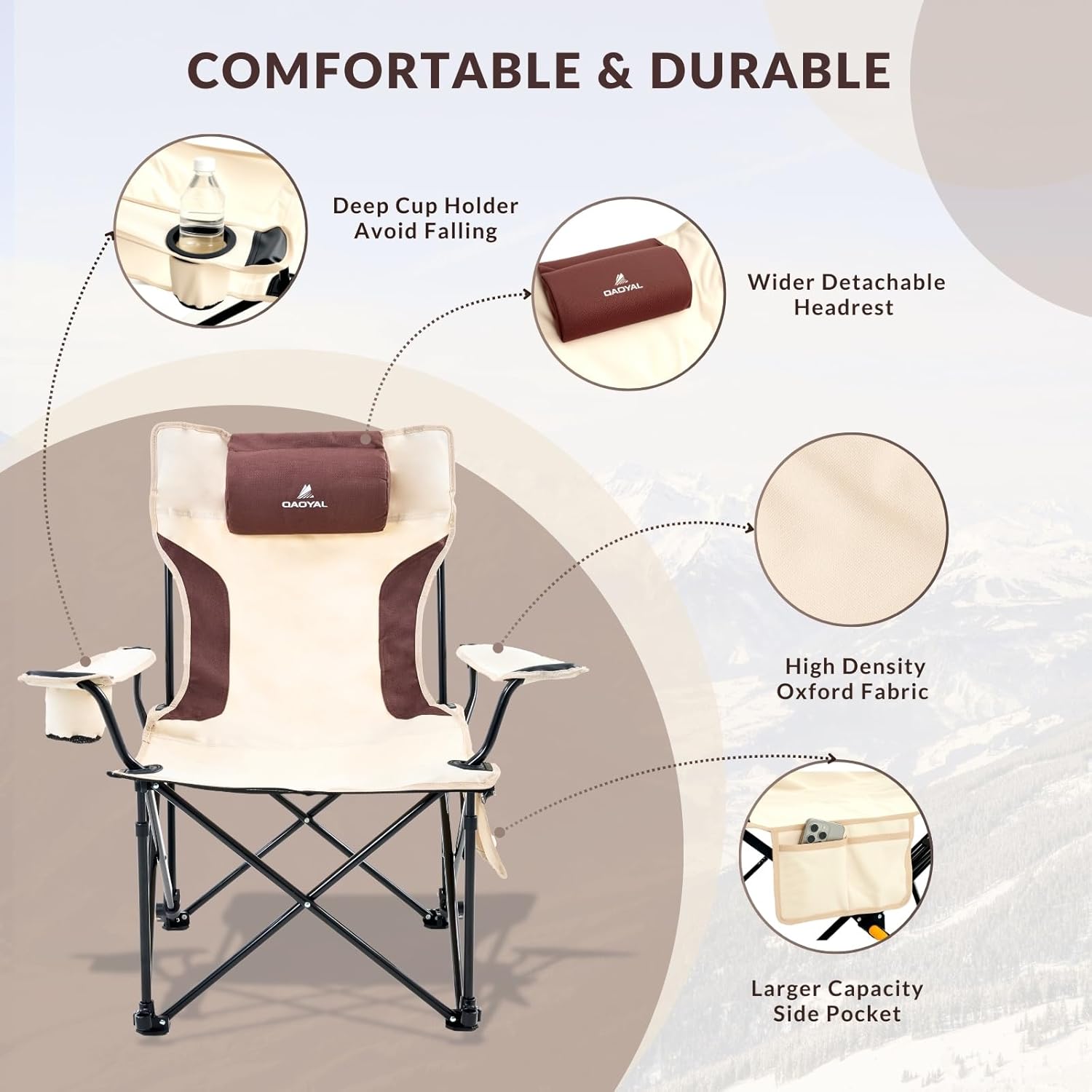 Reclining Camping Chair 4-Position Adjustable, Lightweight Folding Lounge Beach Chair for Adults with Removable Footrest & Headrest, Cup Holder & Storage Pouch for Outdoor(330lbs Capacity), Beige - Image 4