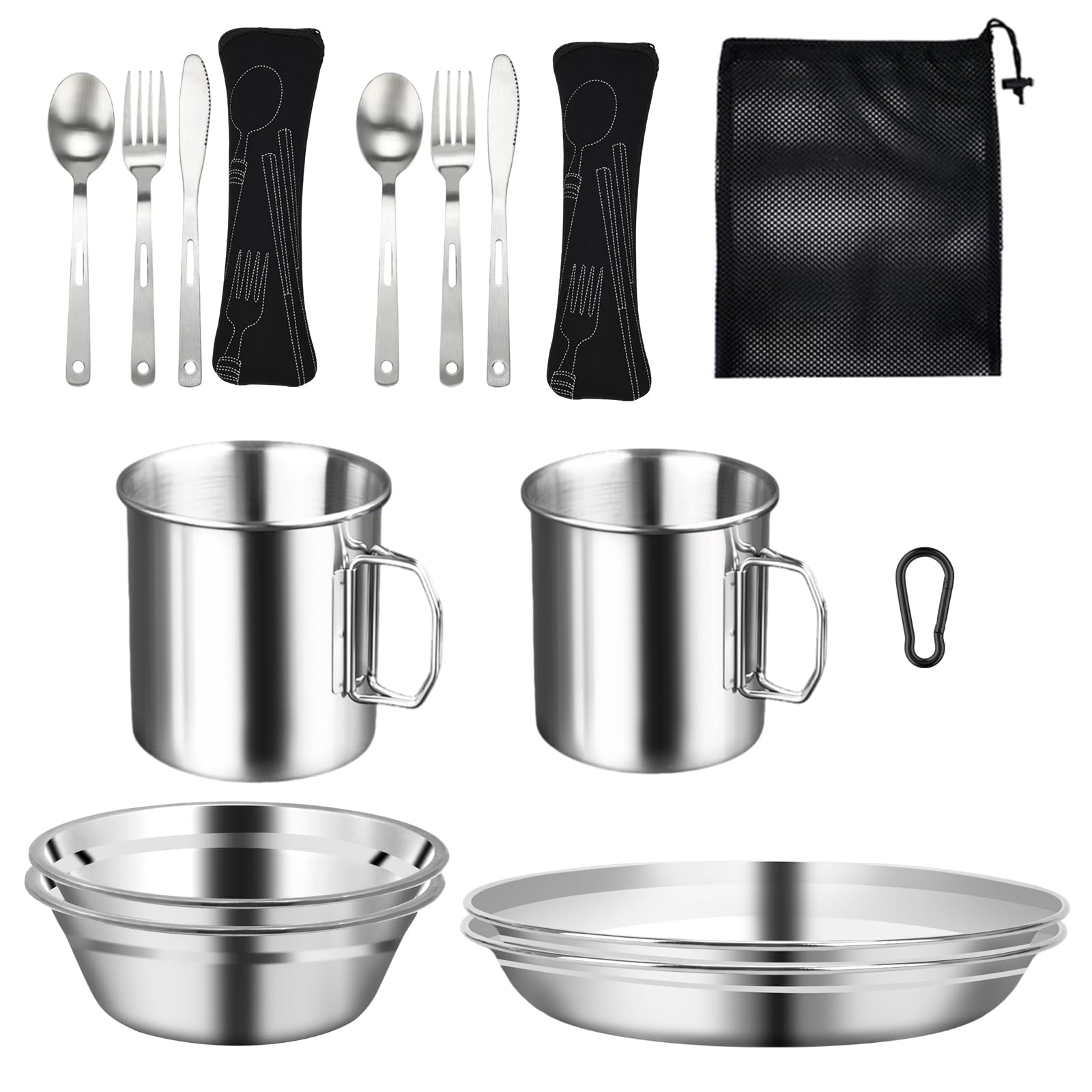 16 Pcs Stainless Steel Cutlery Camping 304 Cutlery Set with Bowls Plates Cups Forks Spoons and Knives for 2 People Travel Cutlery Set for Backpacking,Outdoor Camping Hiking and Picnic-Thickened