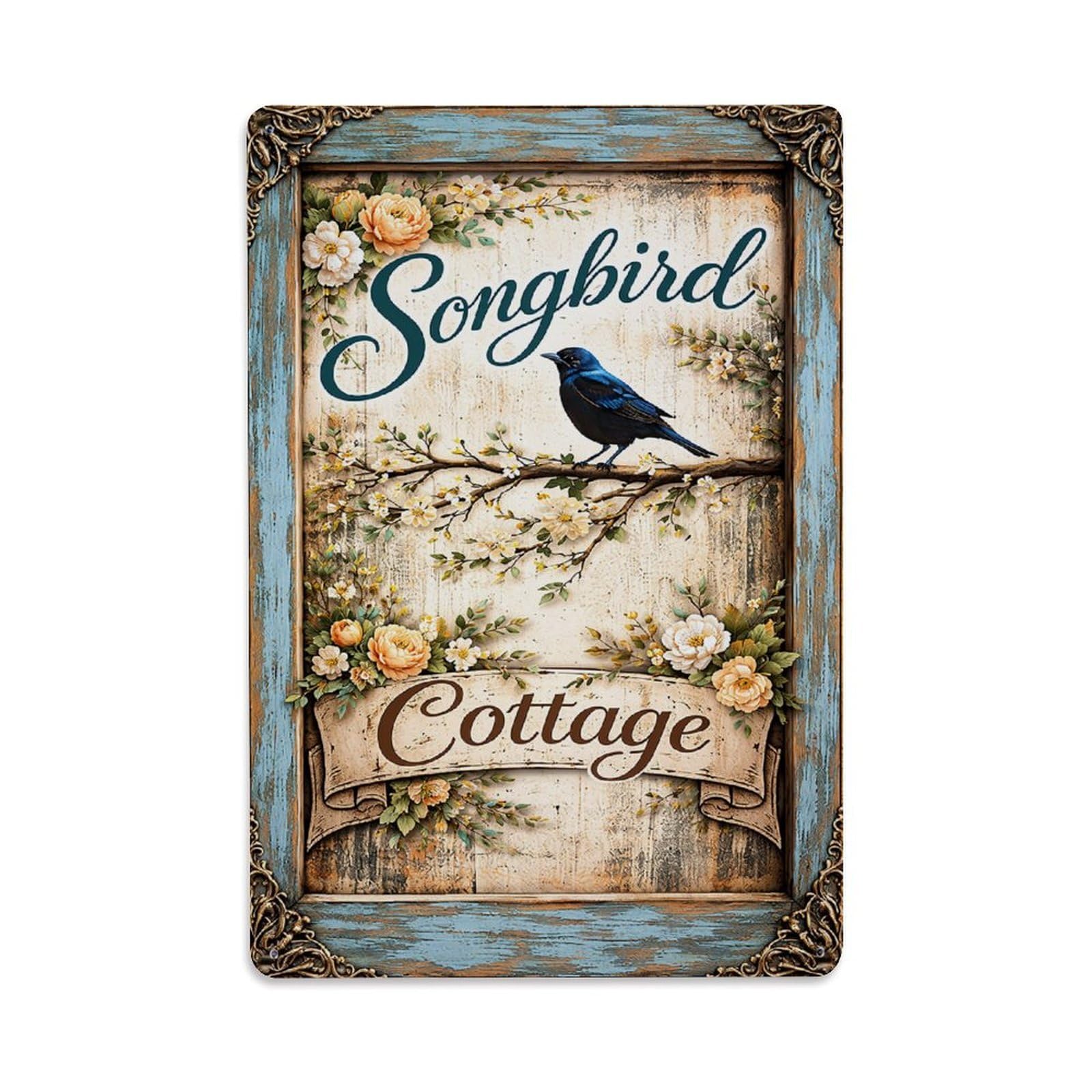 Nestemfo Vintage Songbird Cottage Floral Bird Sign Tin Sign Metal Sign, Living Room,Bar, Home, Bedroom Wall Decor,Retro Metal Poster 8X12 Inches