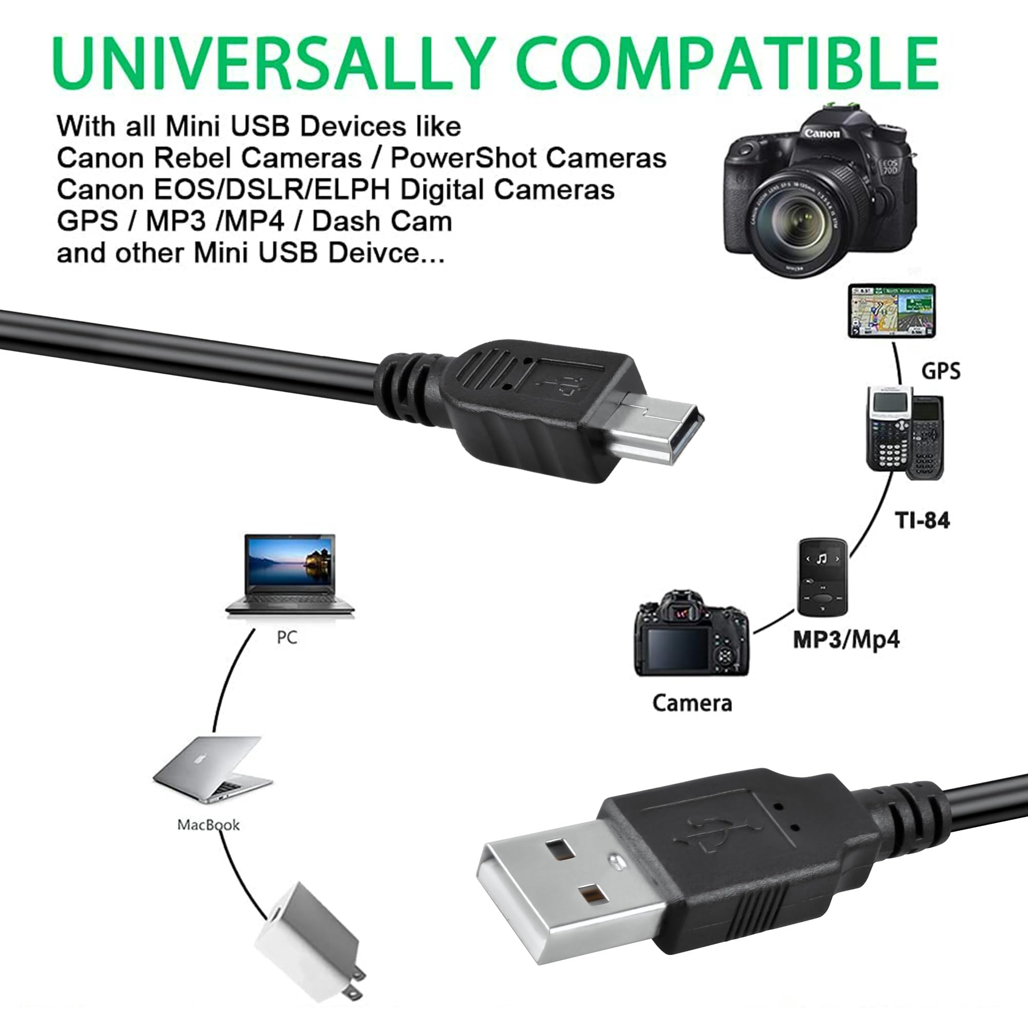 J-ZMQER 6ft Black Mini USB Data Cable Cord Compatible with Brother PT-D600 PT-D450 Label Printer US