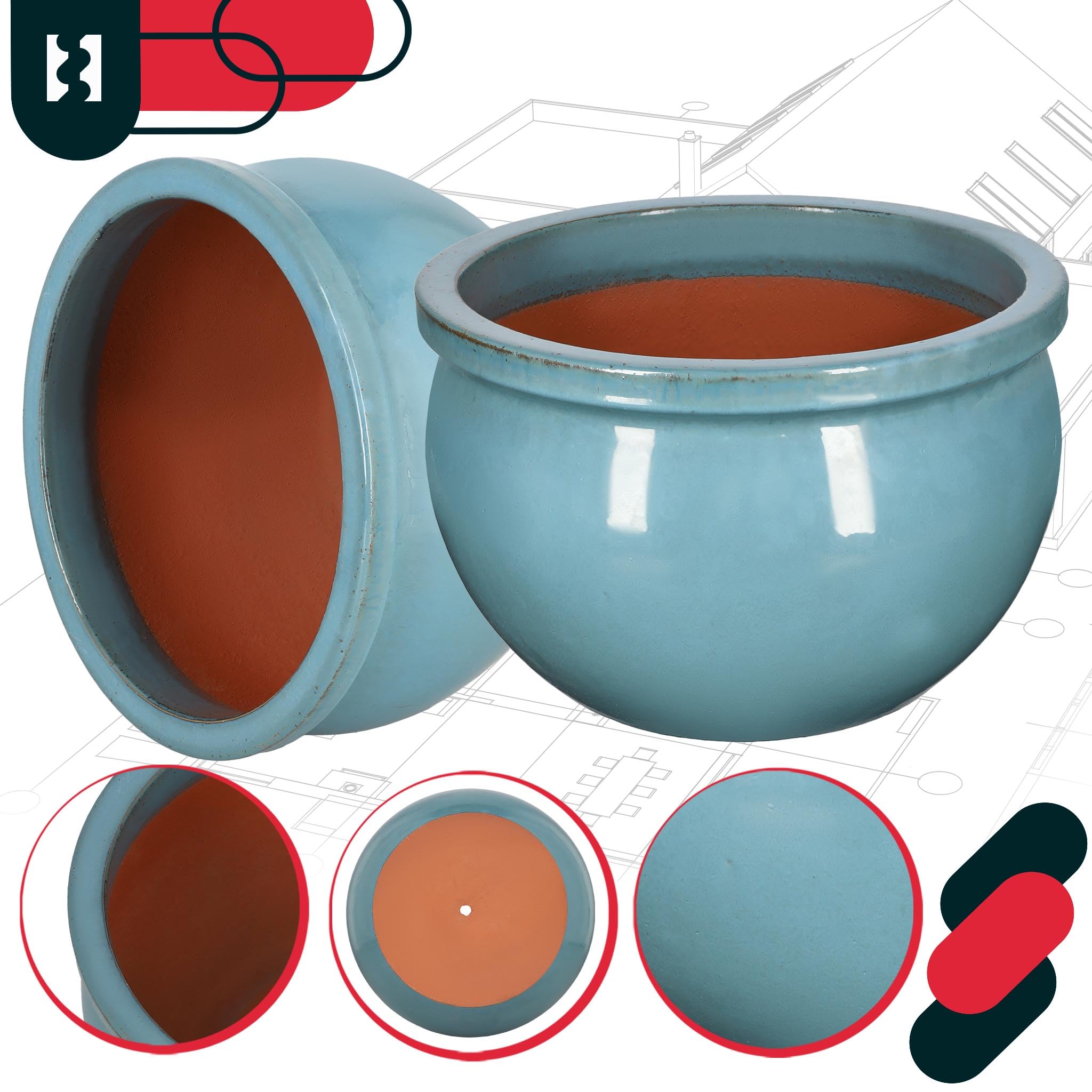 KOTARBAU® - Vaso da fiori in ceramica per giardino, rotondo, ⌀ 390 mm, turchese