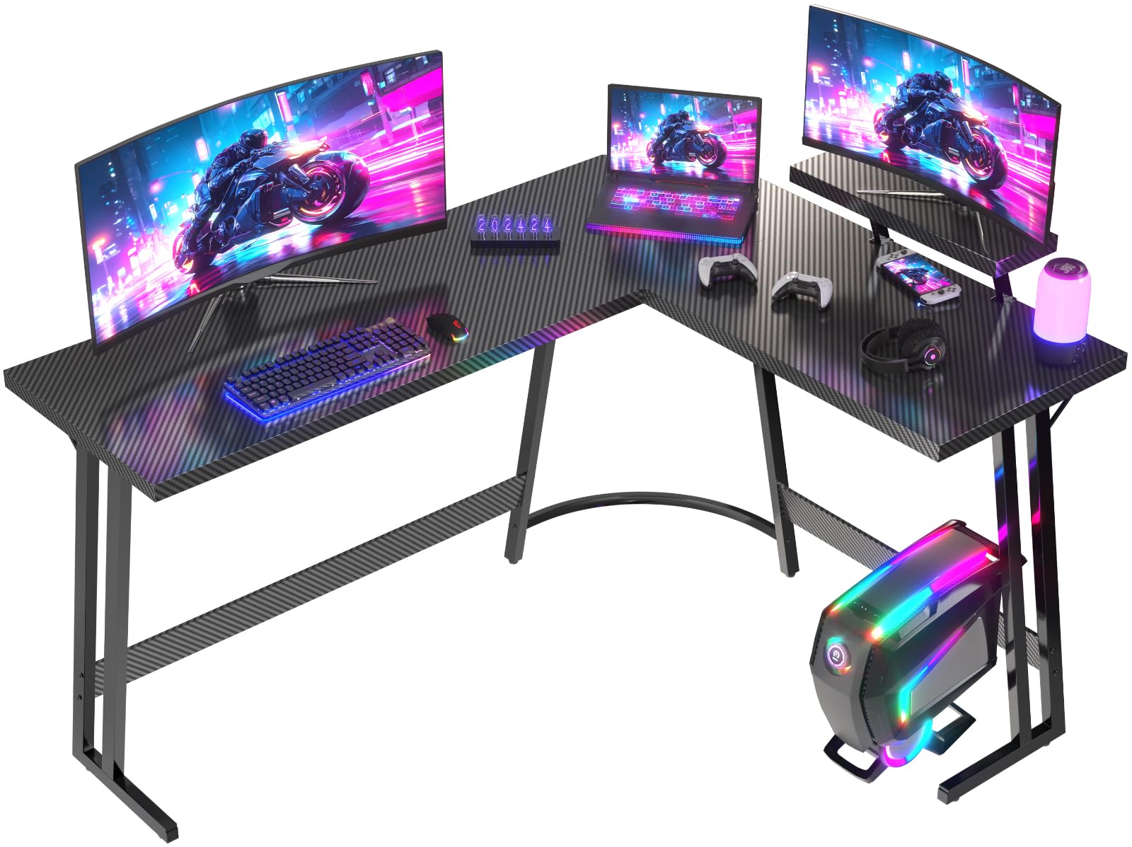 JUMMICO Escritorio Gaming de Esquina 170 x 130cm, Mesa Gaming en L con Soporte para Monitor, Mesa Gamer de Fibra de Carbono, Negro