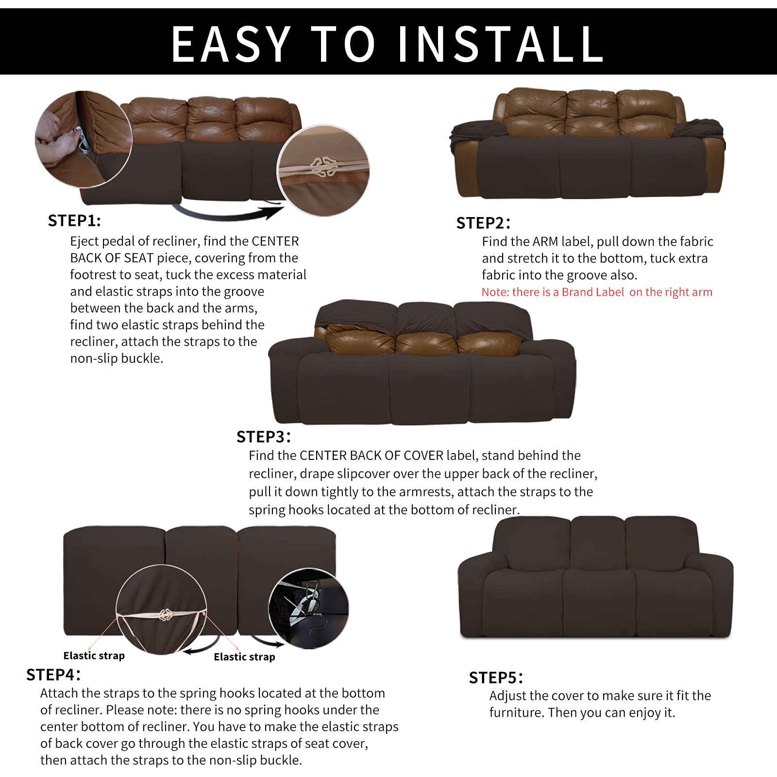 Easy-Going Funda de sofá reclinable 100% Impermeable Doble, Funda elástica de 8 Piezas con Bolsillo, Funda de sofá Jacquard de 3 plazas, Lavable a Prueba de Fugas (sofá, Chocolate)