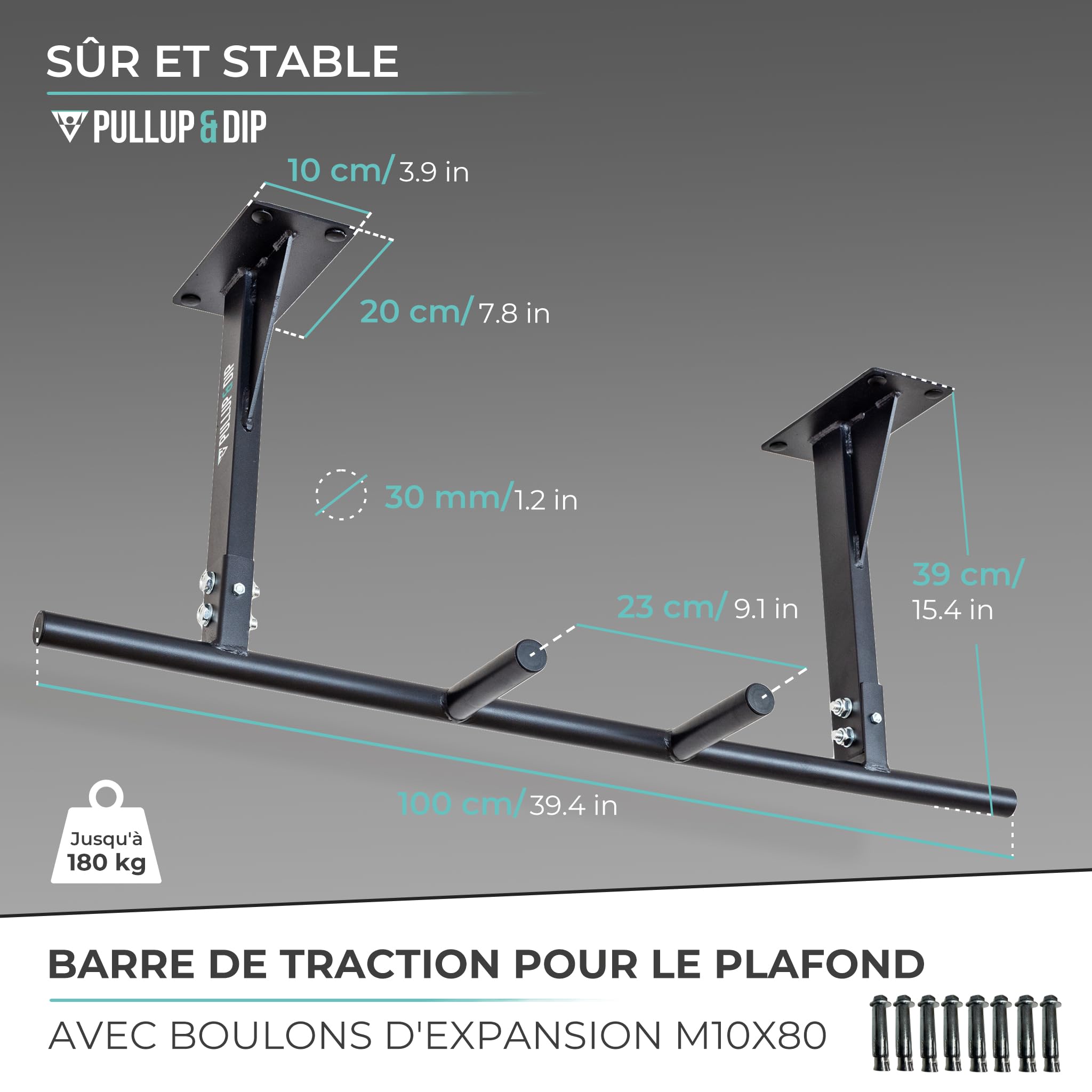 PULLUP & DIP Barre de Tractions pour Montage au Plafond - Résistant Jusqu'à 180 kg - Antidérapant 5 Positions de Préhension pour l'Exercice - Idéale pour Musculation Maison, Gym et Appareil Fitness