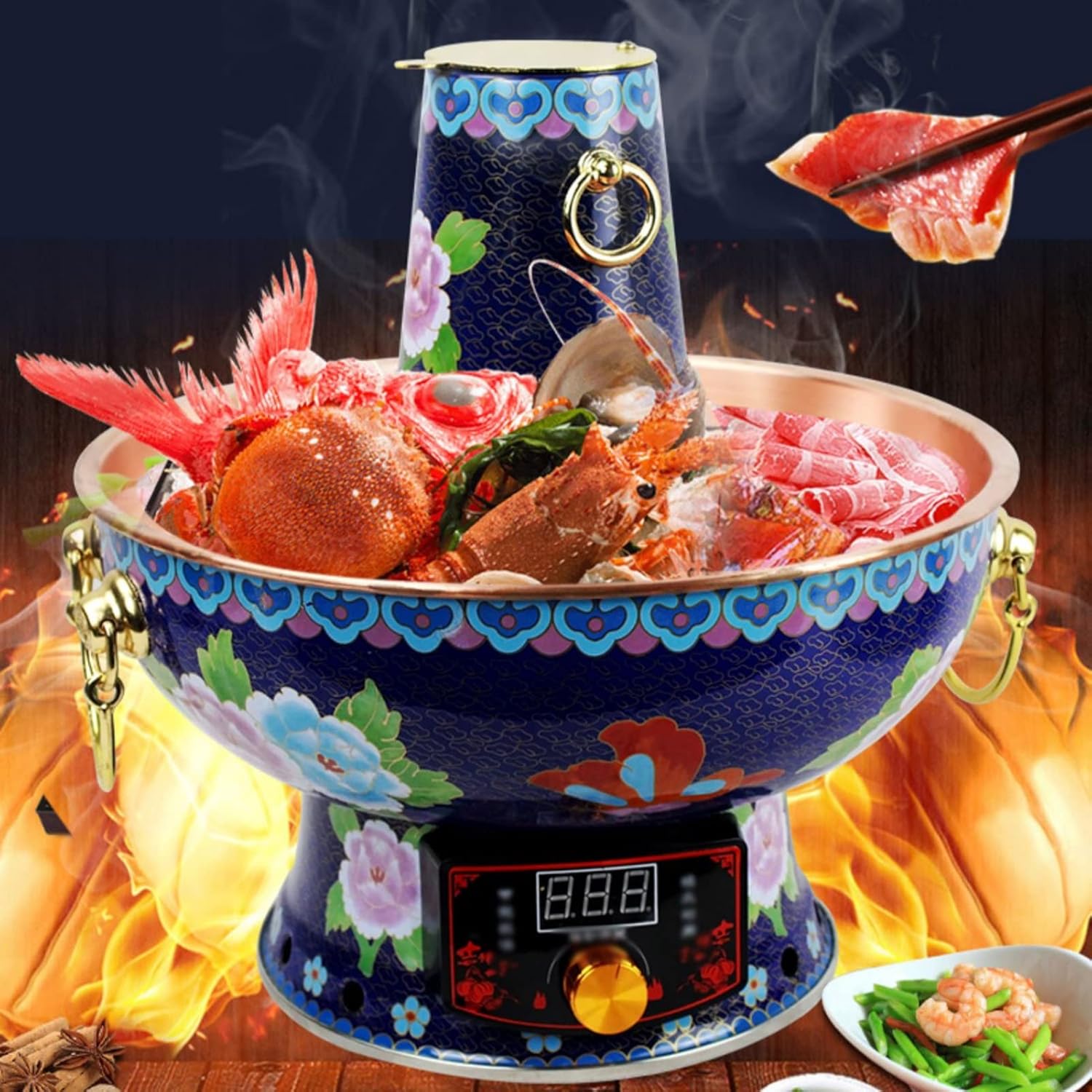 Vintage Hot Pot, Pure Copper Thickened Electric Grill Dual-use, Household Plug-in Old Copper Warmers,Charcoal Pure Copper Pot (Color : Blue-B, Size : 34cm) (Blue a)