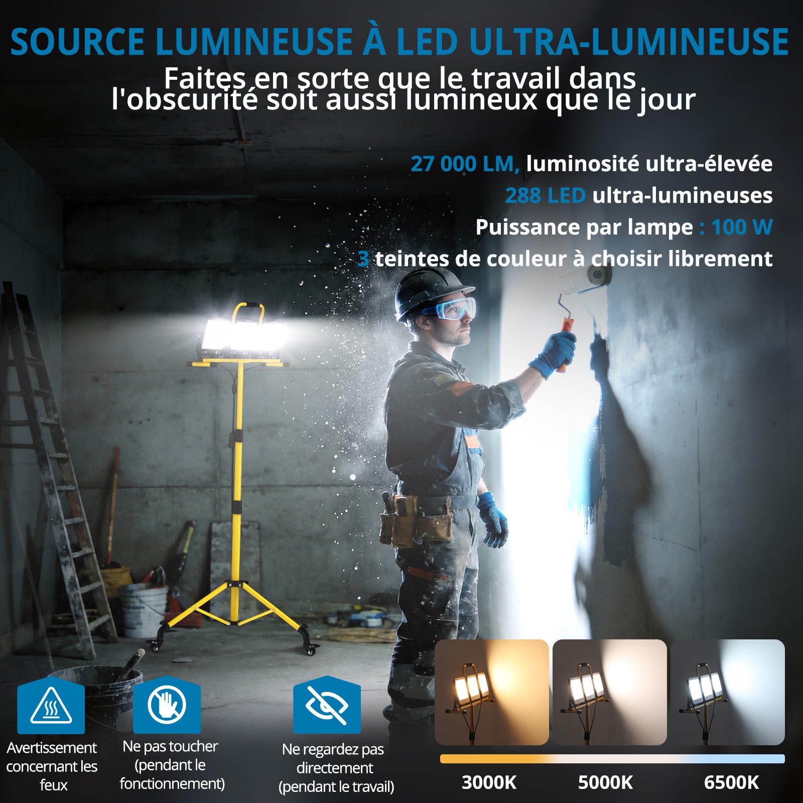 Projecteur Chantier LED 3X100W Sur Trépied 27000LM 3 Couleurs IP66 Câble 5M | AUTOUTLET 3 Modes de Température de Couleur 19000LM Lampes de Travail à LED Trépied Réglable Étanche IP66