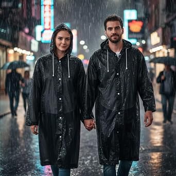 Siyah Yağmurluk Unisex – Kapüşonlu, Uzun Boy, Su Geçirmez Düğmeli Yağmurluk (Yetişkin)