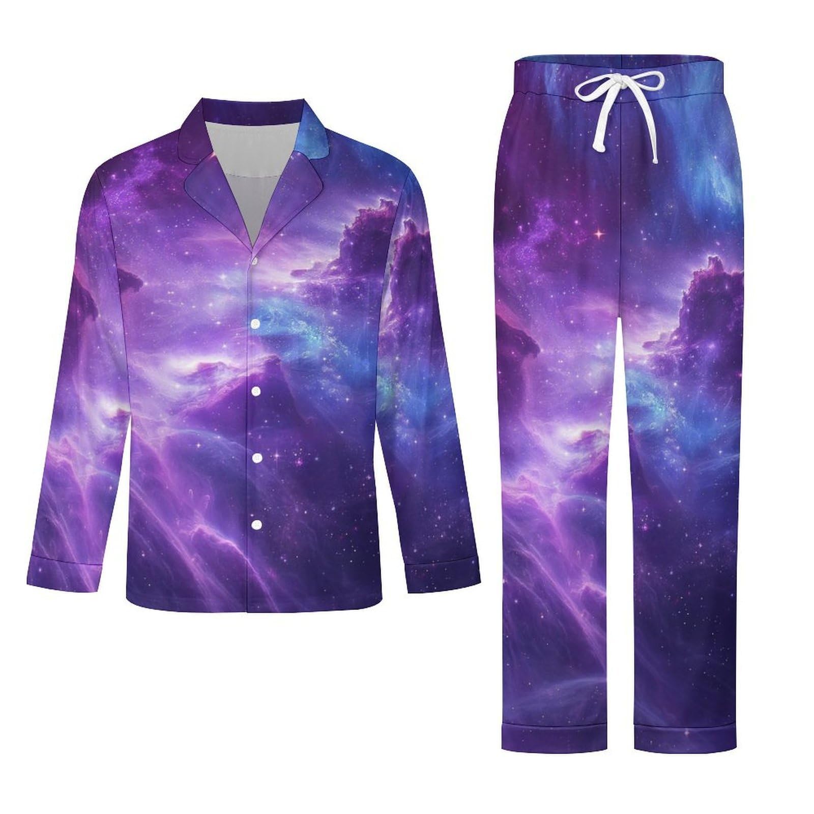 OLEETS Completo Pigiama da Uomo 2 Pezzi - Cielo Stellato Viola Pigiama Invernale Pantaloni Top Caldo Autunnale Traspirante Morbido 2 Pezzi Casual Ampio