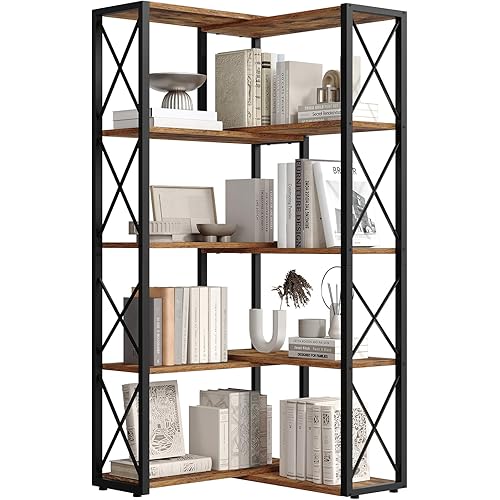 HOOBRO Corner Bookshelf, 5-Tier Industrial Corner Bookcase, Open Display Storage Rack, Vertical or L-Shaped, for Office, Living Room, Bedroom, Rustic Brown and Black BF66SJ01