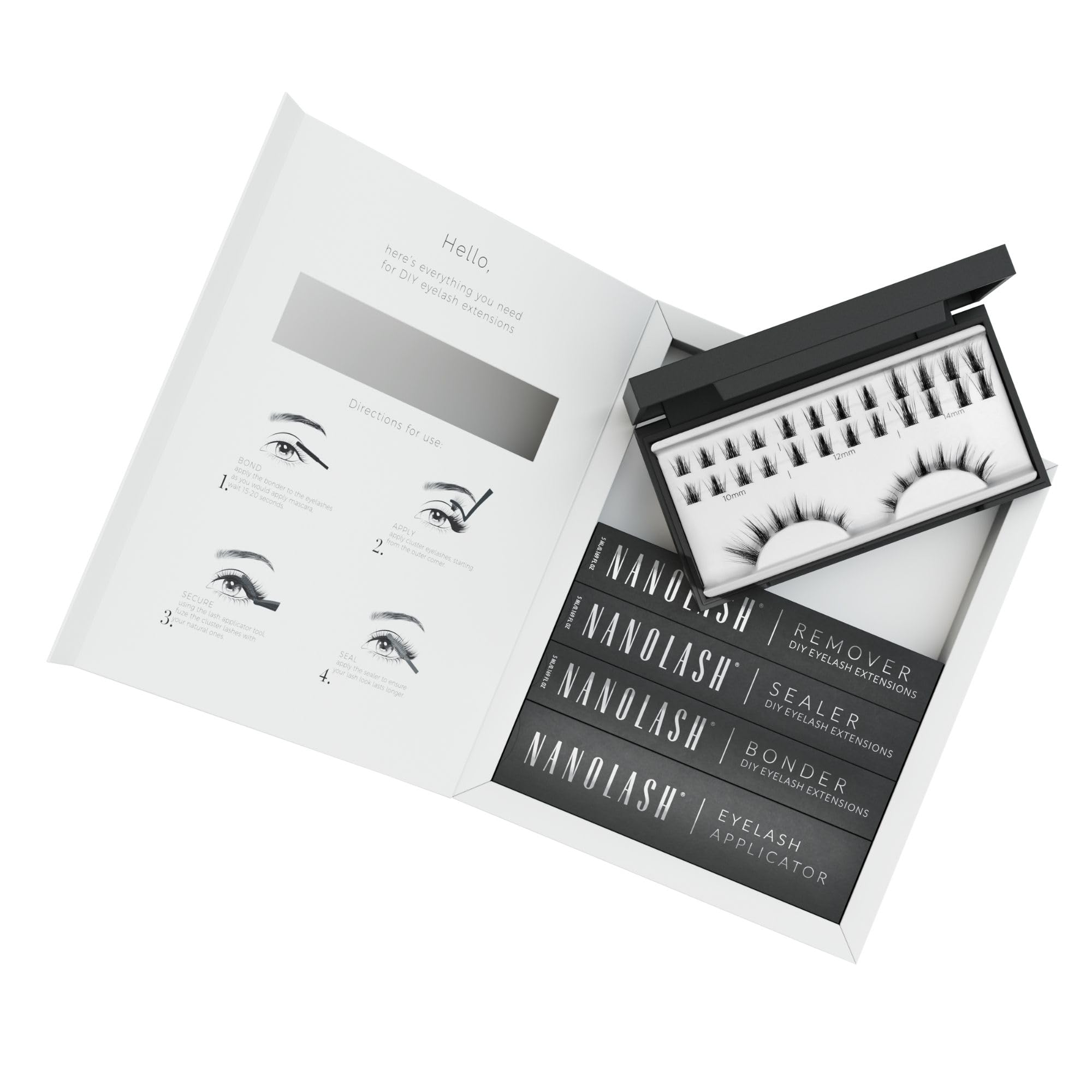 Nanolash DIY Eyelash Extensions Starter Kit - cluster lashes with bonder, sealer, remover, apllicator, home lash extensions kit (Black, FLIRTY)