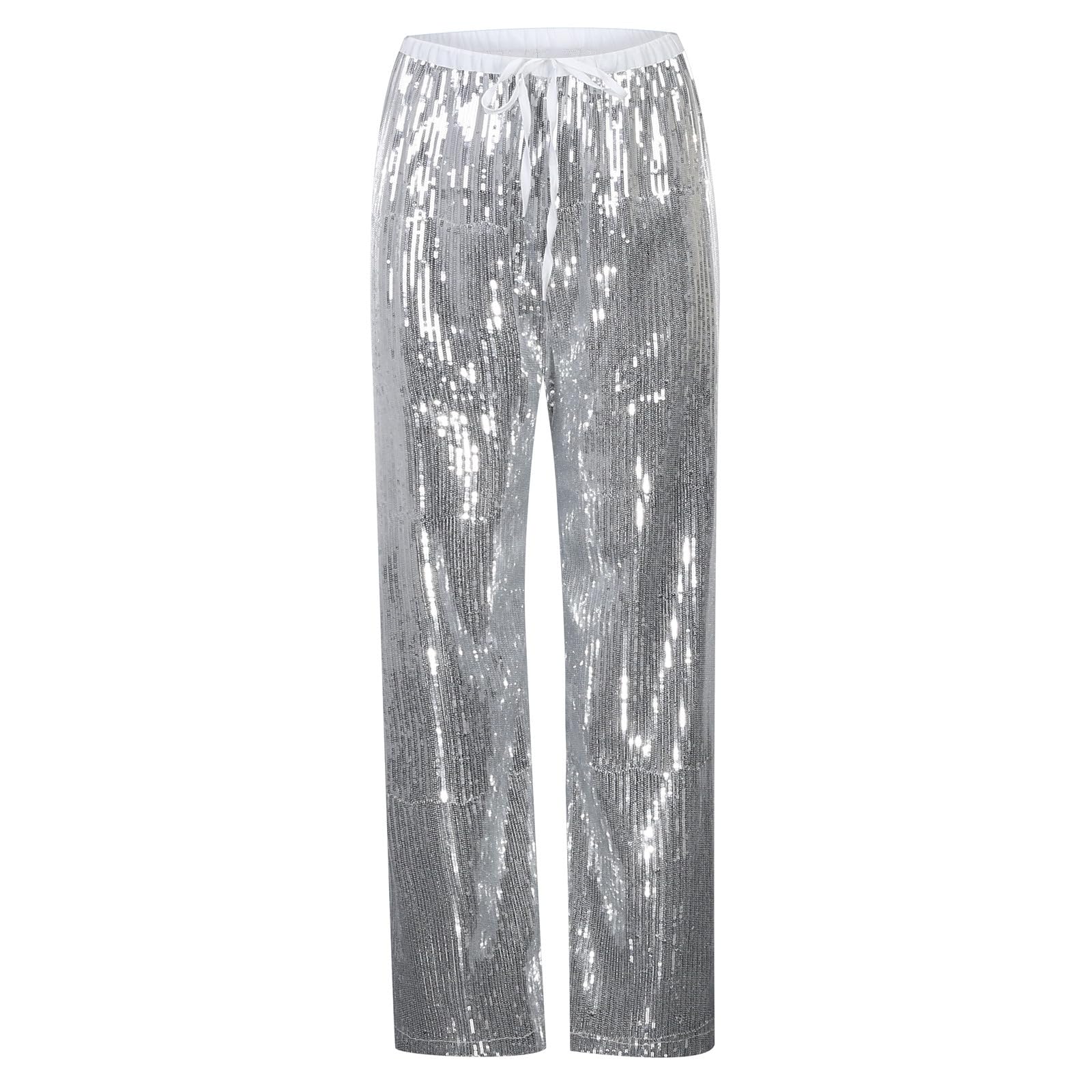 Generico Paillettes Pantaloni Pantalone A Vita Alta Zampa Casual Curvy Elegante con Completo Larghi Culotte Brillantini vestibilità Comoda Donna Pantaloncini Extra
