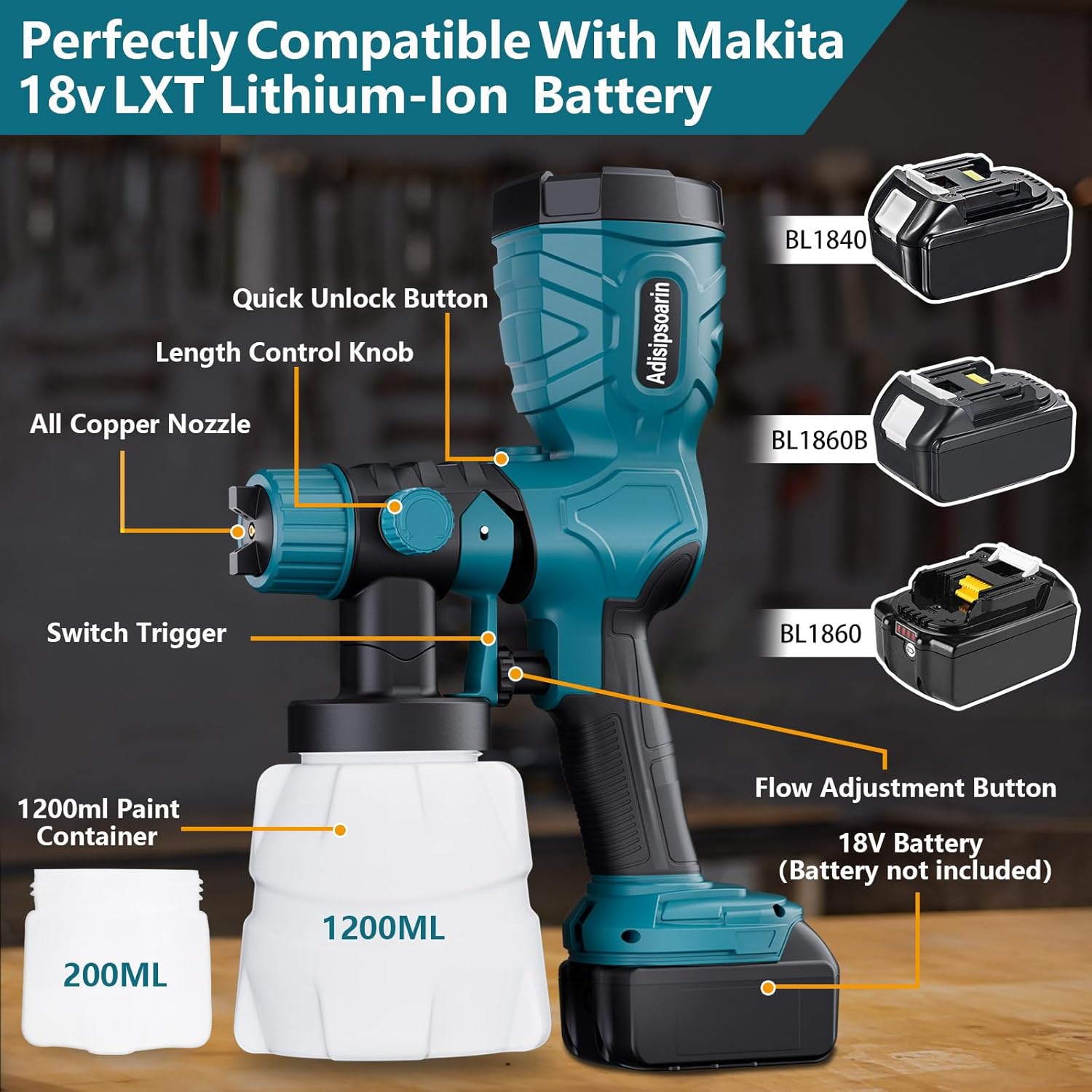 18v Paint Sprayer High Speed for Makita 18v LXT Battery, 2 Containers,Easy to Clean,for House Painting,Furniture(Batteries not Included)