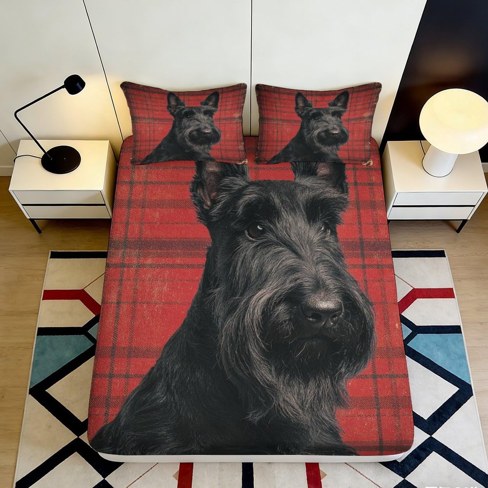Zfldkwgb Style-8 3D Printed Scottish Terrier Red Plaid Fitted Sheet Microfiber Anti-Slip Bed Cover For Bedroom Guestroom Protection Decor 90X200x25cm