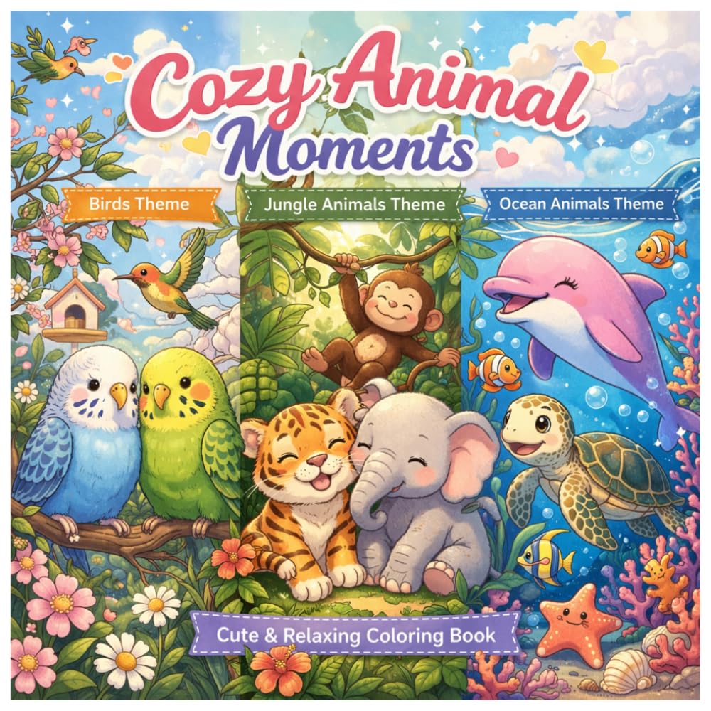 Cute & Cozy Animals Coloring Book: Cute & Relaxing Animal Scenes for Stress Relief | Simple Designs for Adults & Teens