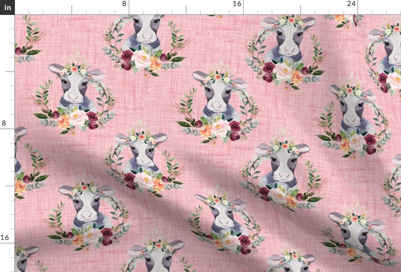 Spoonflower Fabric - Floral Cow Pink Girl Blush Mauve Animals Printed on Minky Fabric by The Yard - Sewing Baby Blankets Quilt Backing Plush