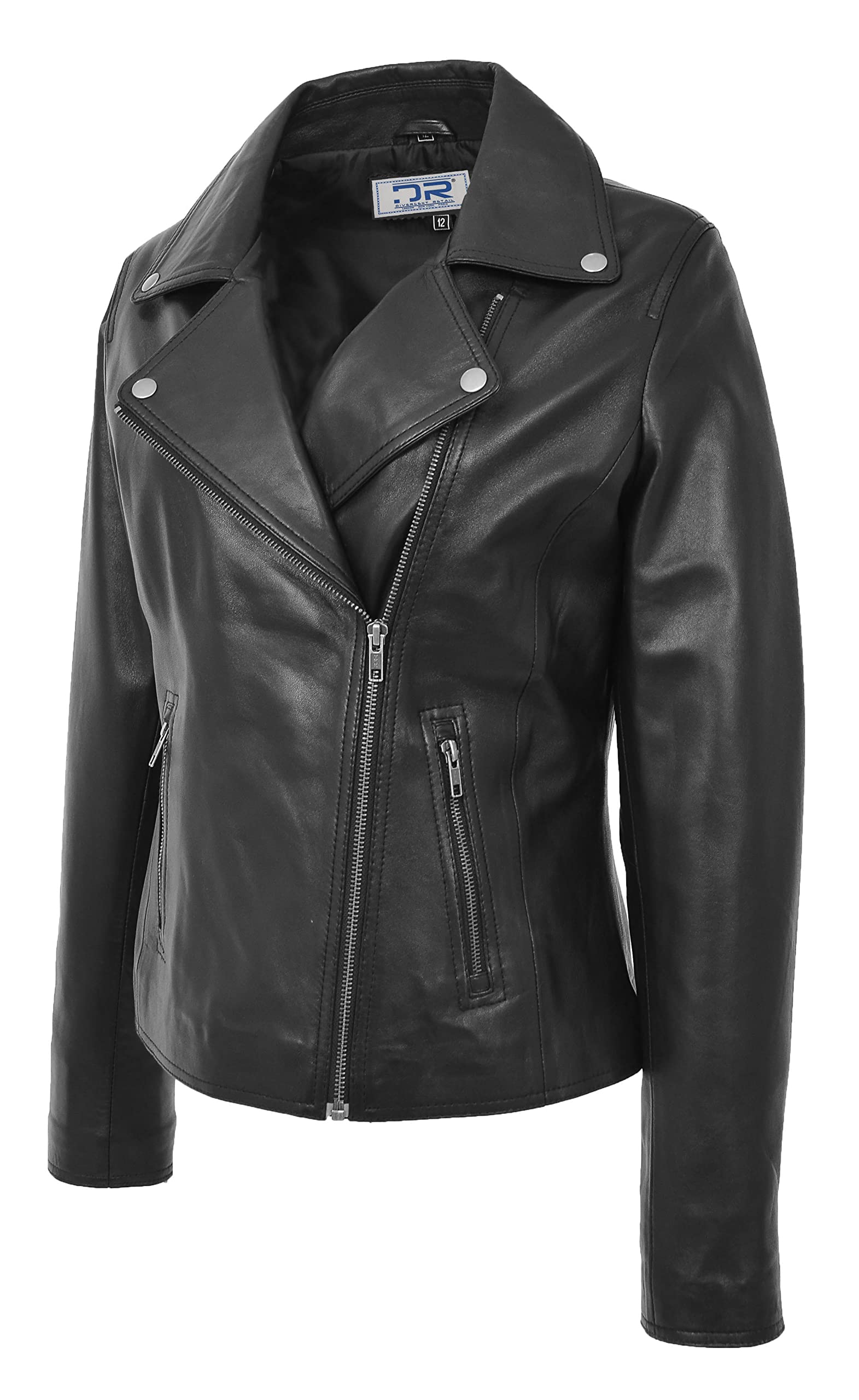 Divergent Retail Nadia Women's Casual Smart Biker Leather Jacket Black (UK, Numeric, 10, Regular, Regular)
