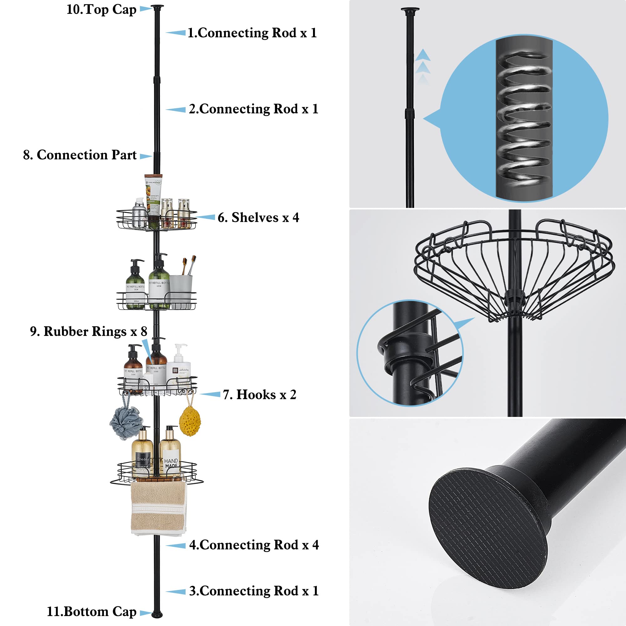 DUFU Étagère de douche d'Angle Télescopique avec 4 Paniers Etagères de Rangement de Salle de bain Réglable en Hauteur 73-265cm Sans Perçage Métal Noir