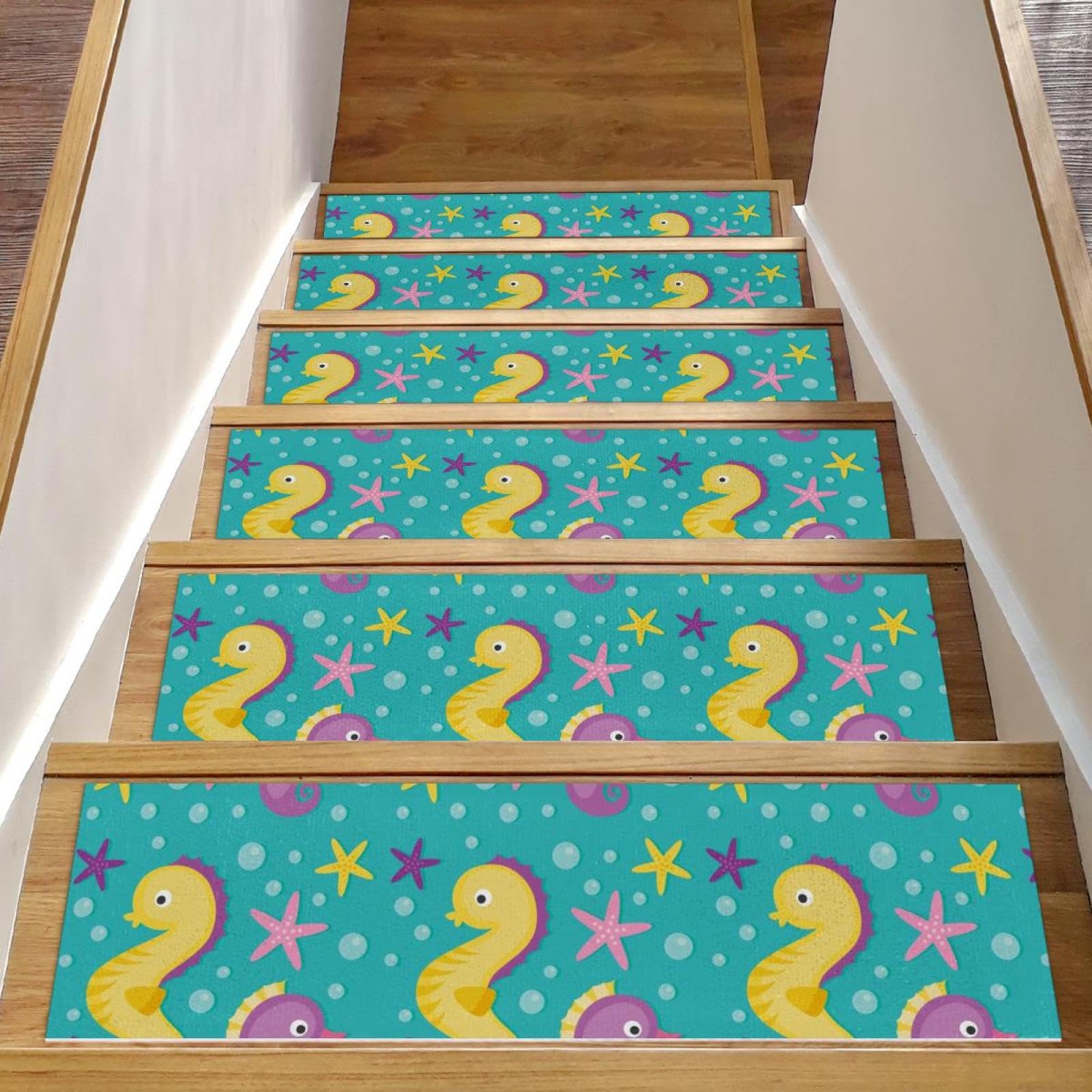 Tapis d'escalier antidérapants lot de 15 pour marches en bois, motif hippocampe, 76x20 cm