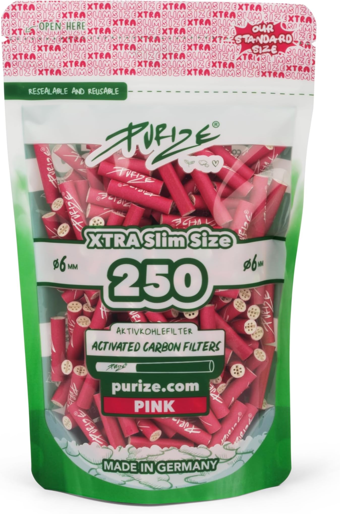 Purize Xtra Slim Filter Tips Bags with Activated Carbon (x250) - Pink (Pack of 250)