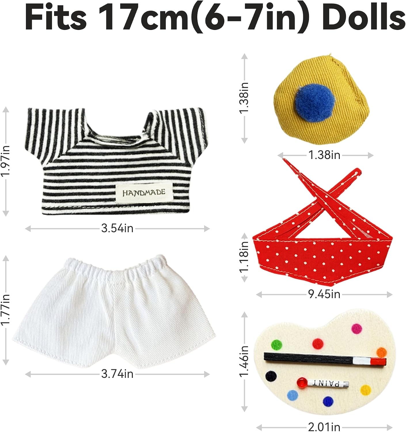 Artist Style for LABUBU Clothes or LABUBU Outfits, 5-Piece Little Painter Set: Striped Top, Denim Pants, Painter Hat, Polka Dot Scarf & Miniature Palette for Collectible Dolls. image 3
