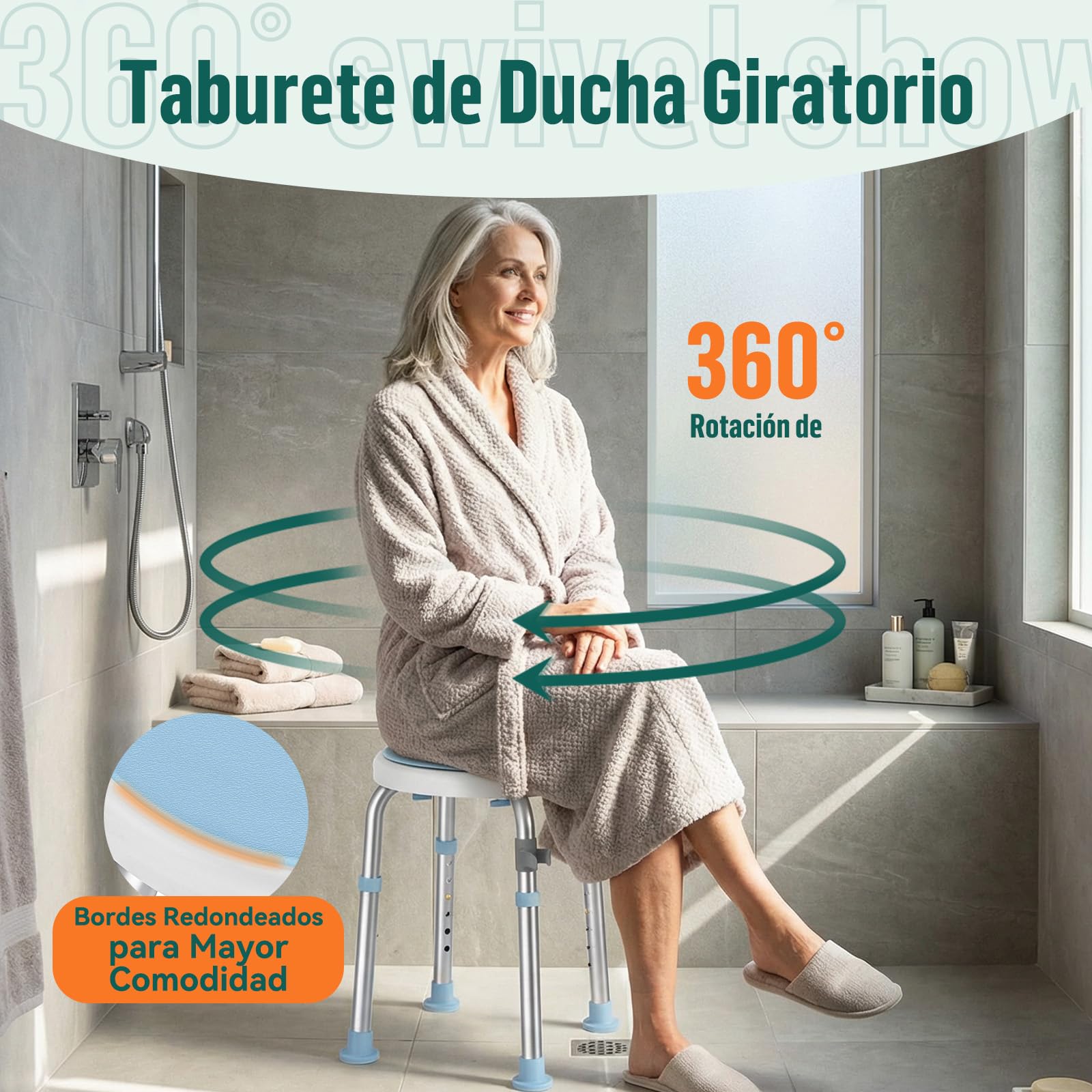 LC01 Silla de Ducha Giratoria 360° Regulable en Altura – Taburete de Ducha Antideslizante de Aluminio, Asiento de Baño Ligero para Mayores y Personas con Movilidad Reducida