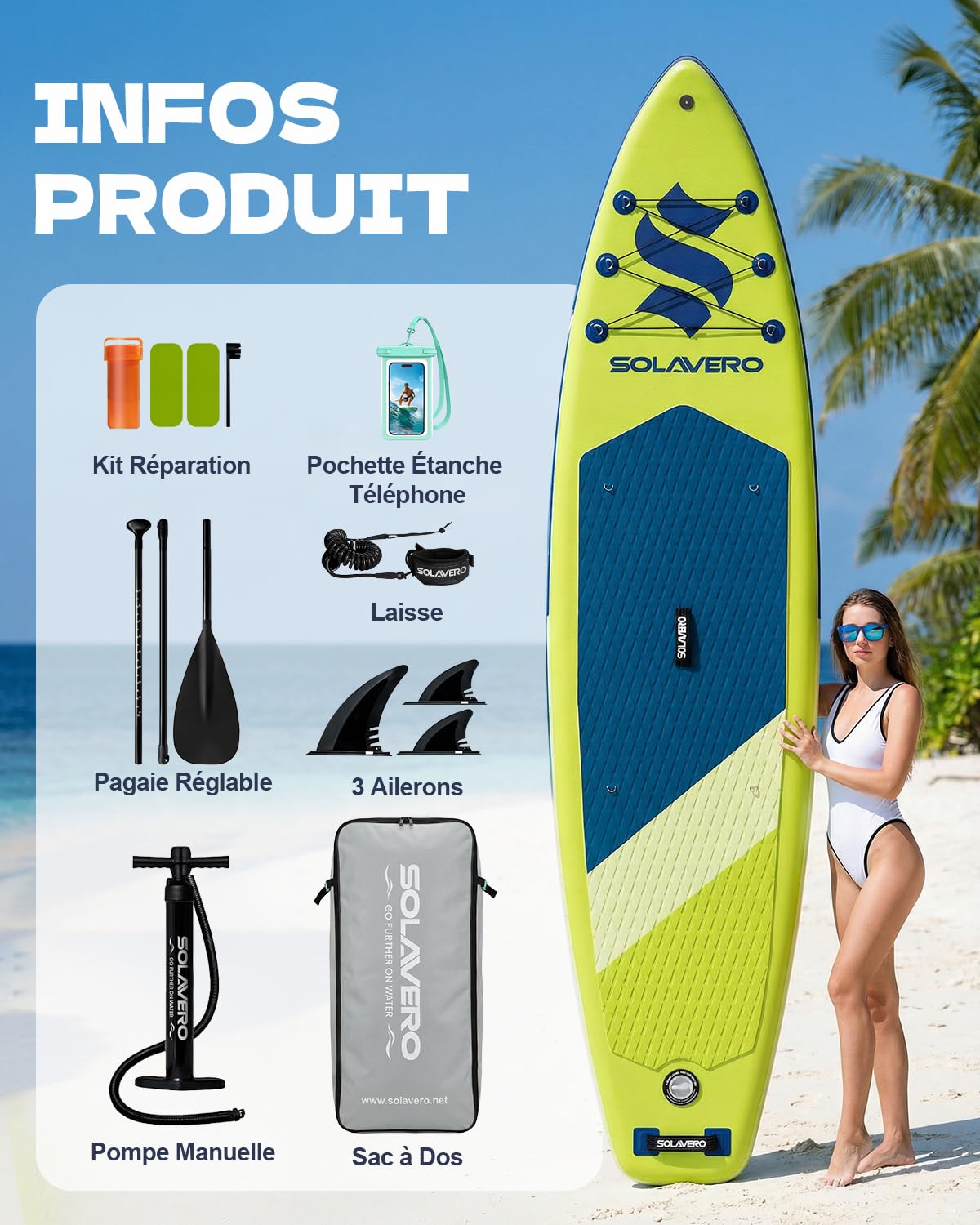 SOLAVERO Paddle Gonflable Adulte 323 x 83 x 15 cm Stand Up Paddle avec Pont EVA Antidérapant, Pagaie Réglable, 3 Aileron, Jusqu'à 200 kg