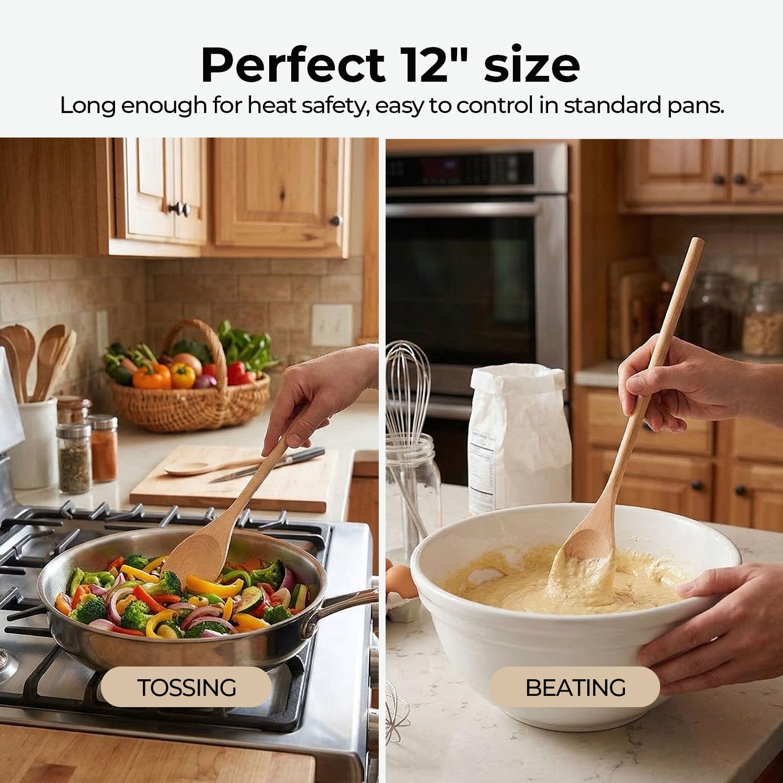 HANSGO 3 cucharas de madera para cocinar, cucharas mezcladoras de mango largo de 12 pulgadas para hornear, degustar, remover alimentos, sopas calientes, utensilios de madera grandes para utensilios de