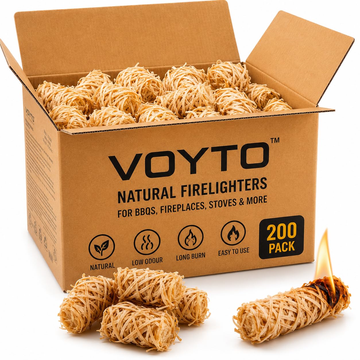 VOYTO Natural Firelighters - 200 Eco Wood Wool & Wax Fire Starter Cubes for BBQ, Pizza Oven, Log Burners & Fireplaces - Odorless, Fast Ignition, Long Burn, Chemical-Free for Indoor & Outdoor Use
