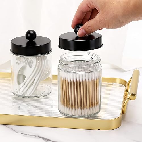 Miniatura 10 de Tbestmax Dispensador de soporte de vidrio Qtip, recipientes de baño de 10 onzas, tarros de boticario con tapas de metal para hisopos de bolas de