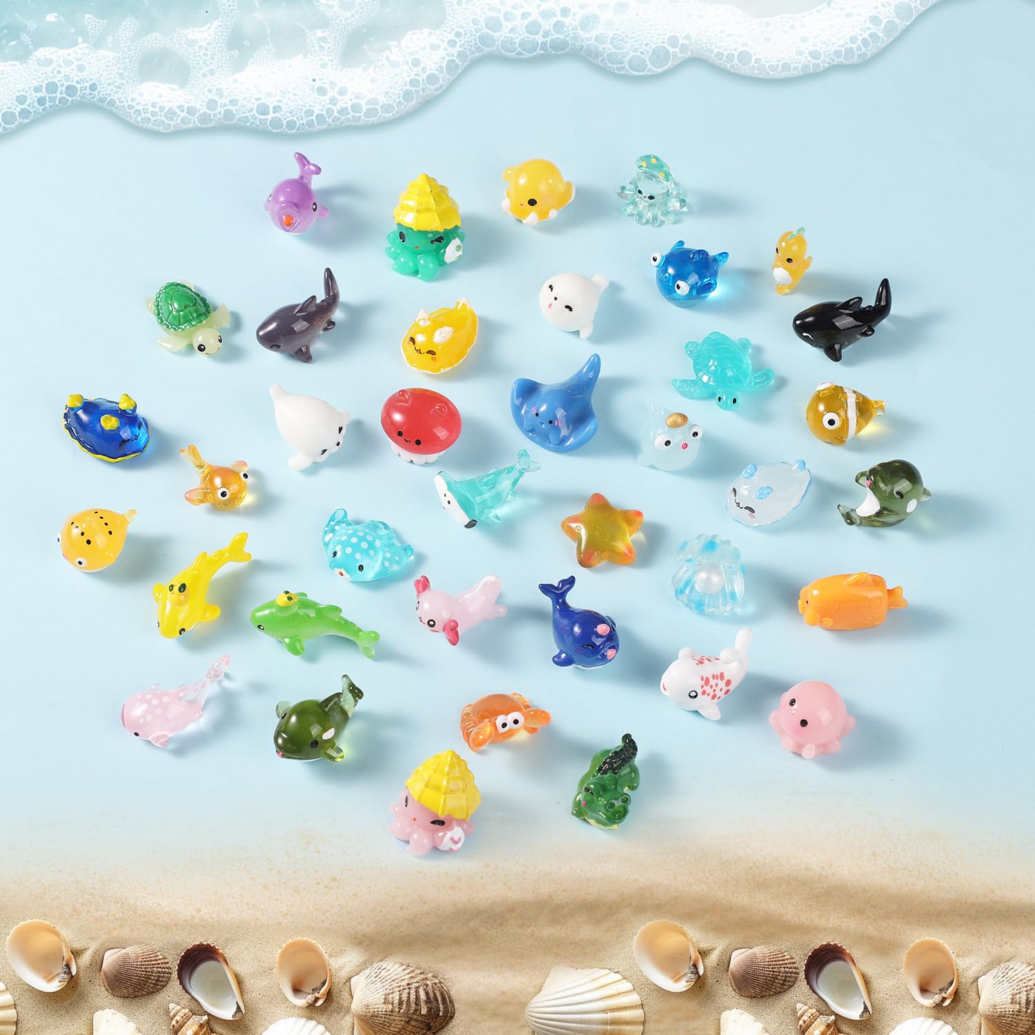 38pcs Mini Resin Ocean Animal Figurines, 38 Styles Tiny Miniature Marine Figures Small Sea Dolphin Octopus Ornaments for Dollhouse Garden Decorations