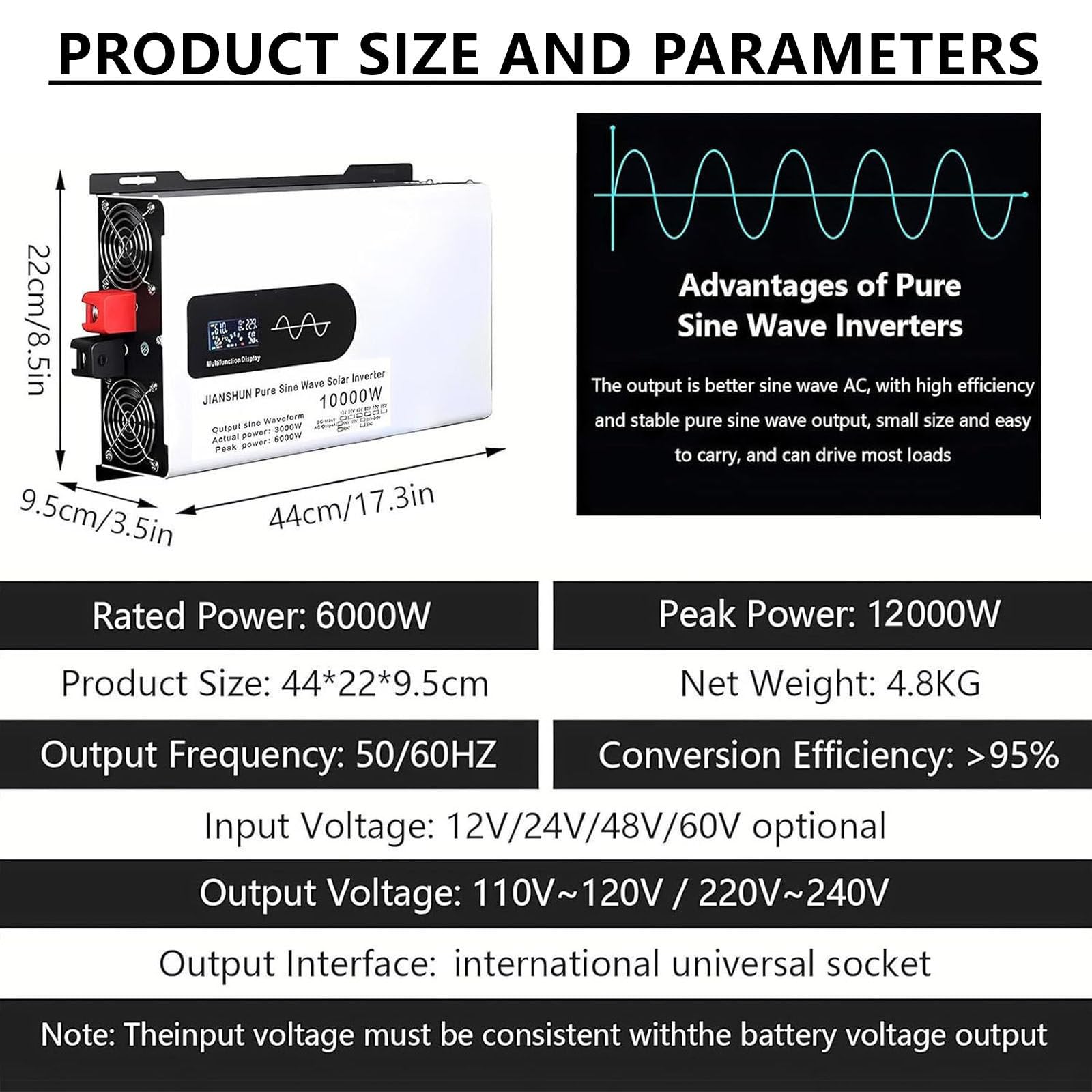 Solarwechselrichter Und Sinus-Stromwandler, 5000–12000W Dc 12 V/24 V/48 V/60 V/72 V/96 V Auf Ac, Inklusive Steckdosen,Lcd-Display Und Fernbedienung Für Netzunabhängige Häuser Und Wohnmobile 12000W-72V