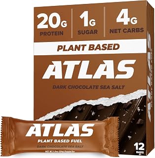 Atlas Protein Bar, 20g Plant Protein, 1g Sugar, Clean Ingredients, Dark Chocolate Sea Salt (4 Count, Pack of 1)
