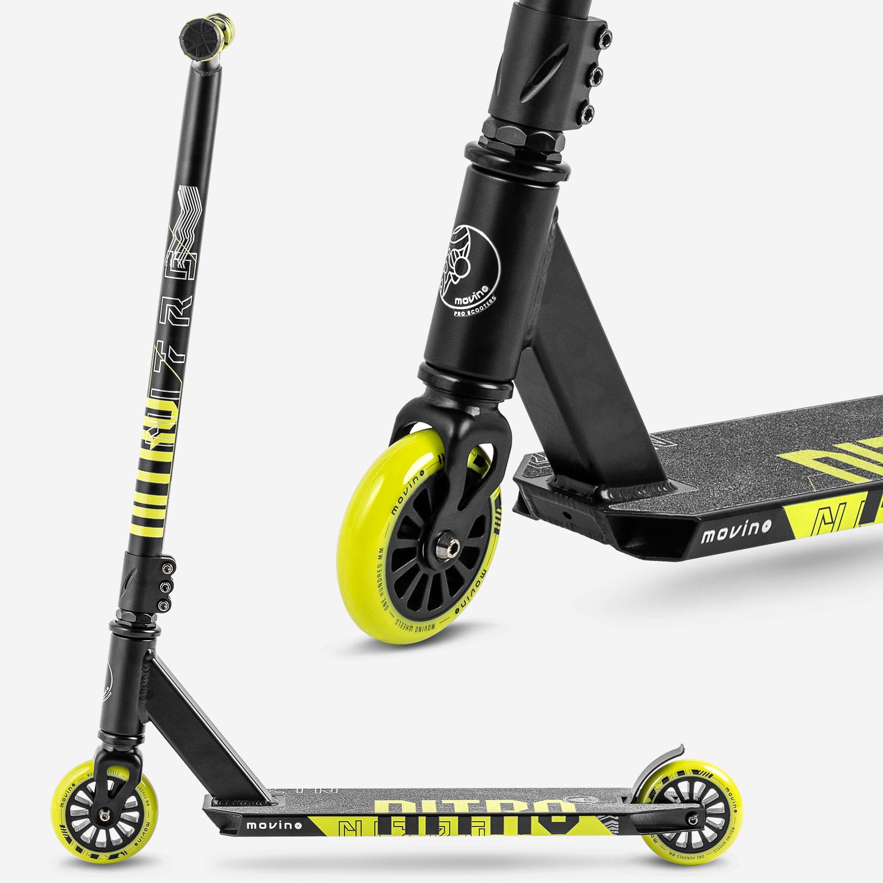 Movino Nitro Stunt Scooter Roller Professioneller Freestyle Trick Scooter für Jugendliche & Erwachsene ABEC9 Kickscooter mit 100mm Rad 6061 Aluminium-Deck Tragfähigkeit: 100 kg