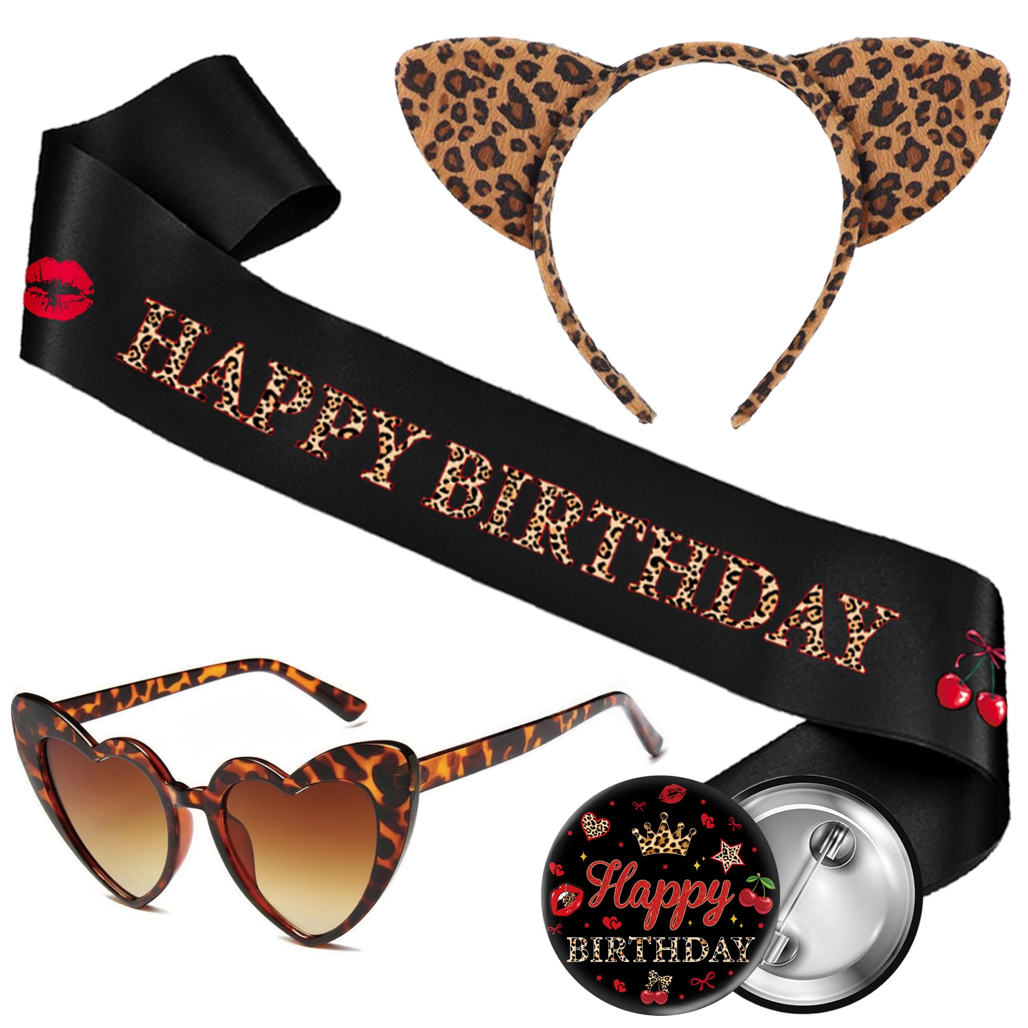 Leopard Print Birthday Sash Badge - 4 Pcs Cherry Cheetah Happy Birthday Sash Badge Leopard Print Headband Heart Shaped Sunglasses for Costume Party Cheetah Style Safari Theme Celebrations Gifts