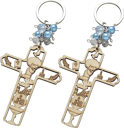 12 piezas de llavero de madera de primera comunión para niño regalo para invitados recuerdos para Primera comunión con bolsas de regalo, Marrón