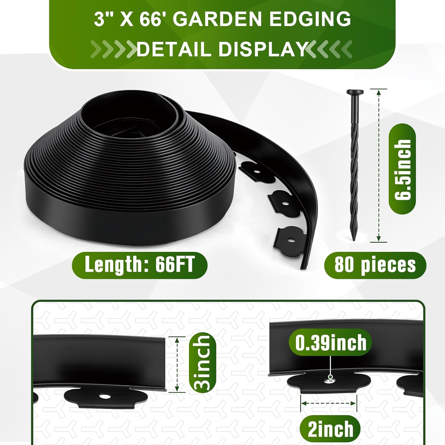 Landscape Edging, 3" x 66' Garden Edging, No Dig Edging for Landscaping with 80 Pcs Anchoring Spikes, Flexible Landscape Border Edging for Landscaping, Yard Lawn, Flower Beds(Black)