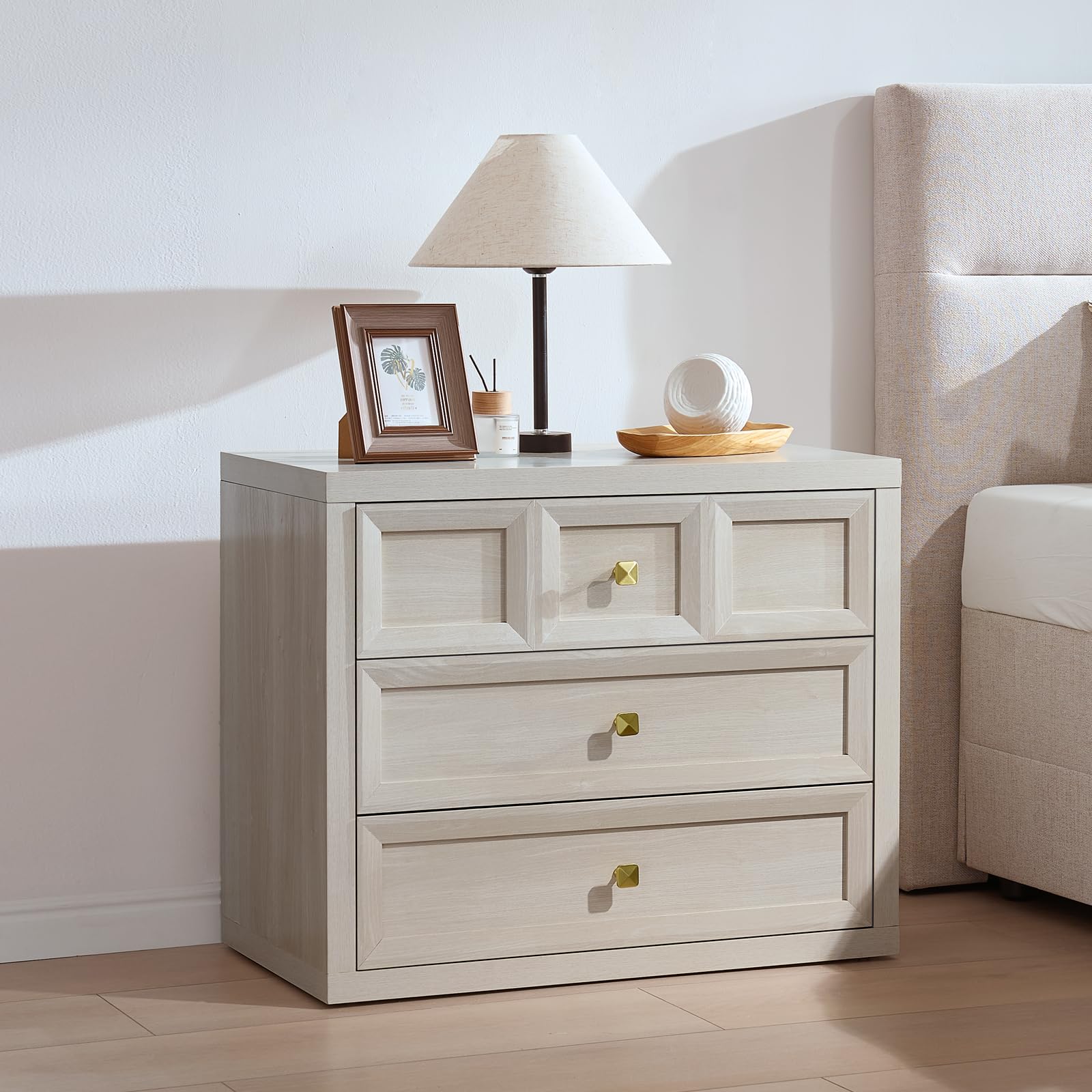 3 Drawers Nightstand with Charging Station, 30.7" King Size Bedside Table with 3 Drawers, Accent End Table W/Large Storage, Modern Wood Side Table for Bedroom,Office, Beige (1 Piece, Beige)