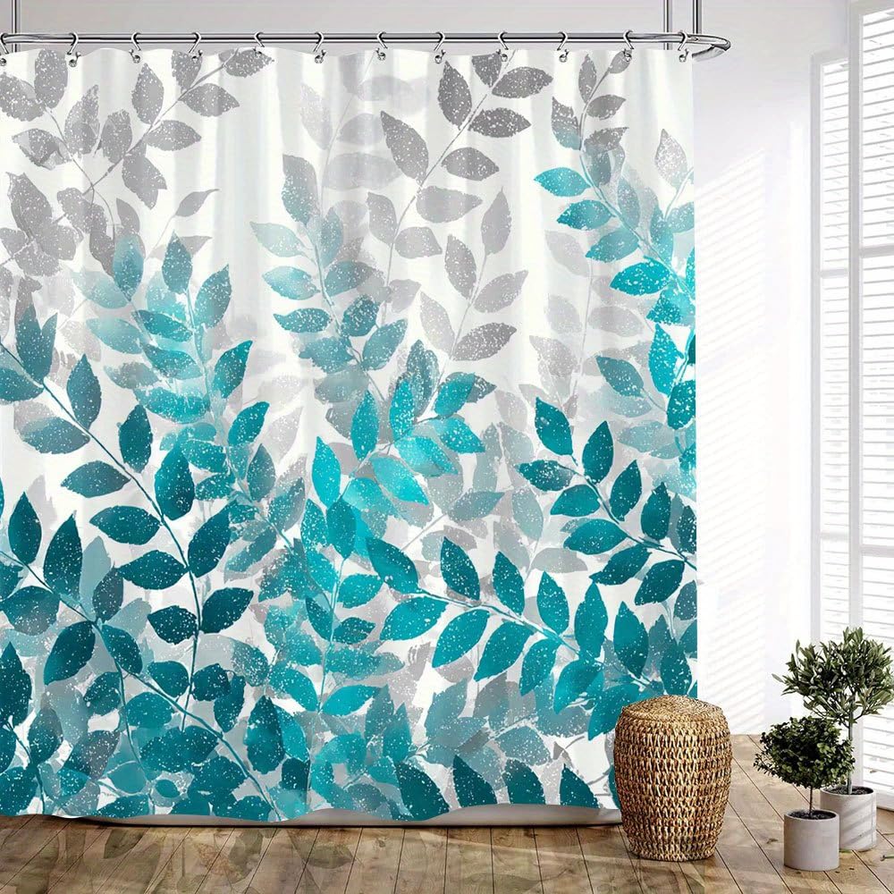Cortina de Ducha Extra Larga con diseño botánico Moderno en Tonos Turquesa y Blanco Degradado,Hojas y Gris. Tejido de poliéster Lavable a máquina con 12 Ganchos (175 x 220 cm).