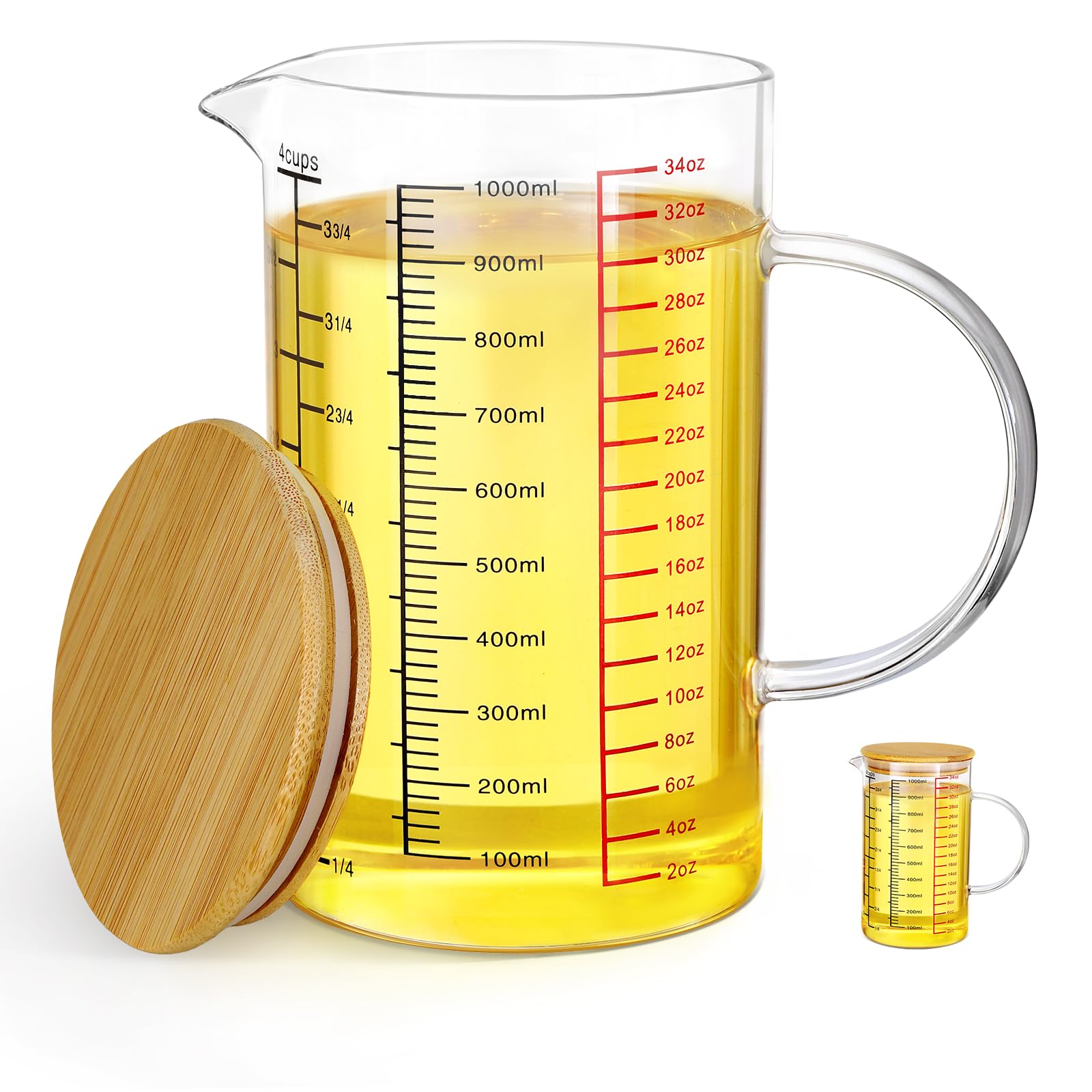 Verre Doseur 1L Borosilicate Résistant – Transparent Avec Anse Et Couvercle Bambou, Précis Pour Cuisine, Pâtisserie Et Mélanges