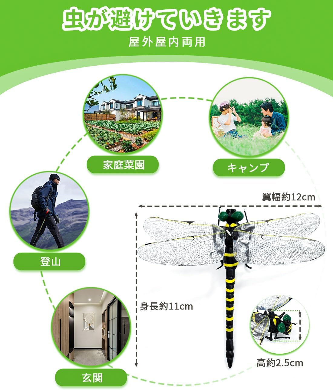 IUGGAN 天敵で虫除け トンボ 蜻蛉 モデル 虫除け【12cm級 本物とそっくり】虫除けグッズ PVC材質 アウトドア 登山 釣り キャンプ 草刈り ベランダ 家庭菜園 網戸 玄関 屋外屋内両用 虫避け対策品 (1)