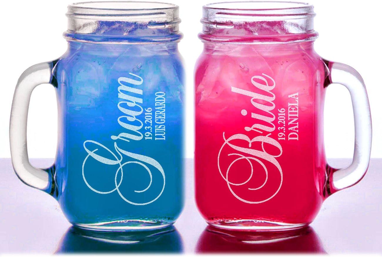 Bride and Groom Set of 2 Personalized Mason Jars Drinking Mugs with Handle Personalized Custom Etched with Name and Date for Wedding © Custom Engraved Glasses By Stocking Factory