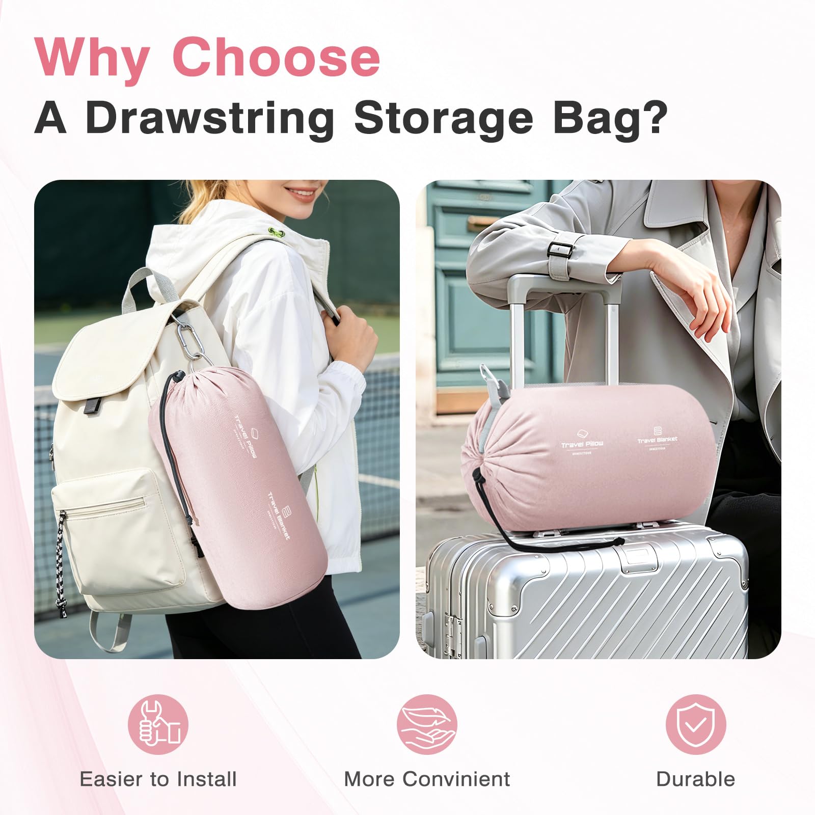 urnexttour Juego de almohada y manta de viaje, almohadas para el cuello, mantas suaves con máscara para dormir, esenciales de viaje para avión, coche, espuma viscoelástica, color rosa