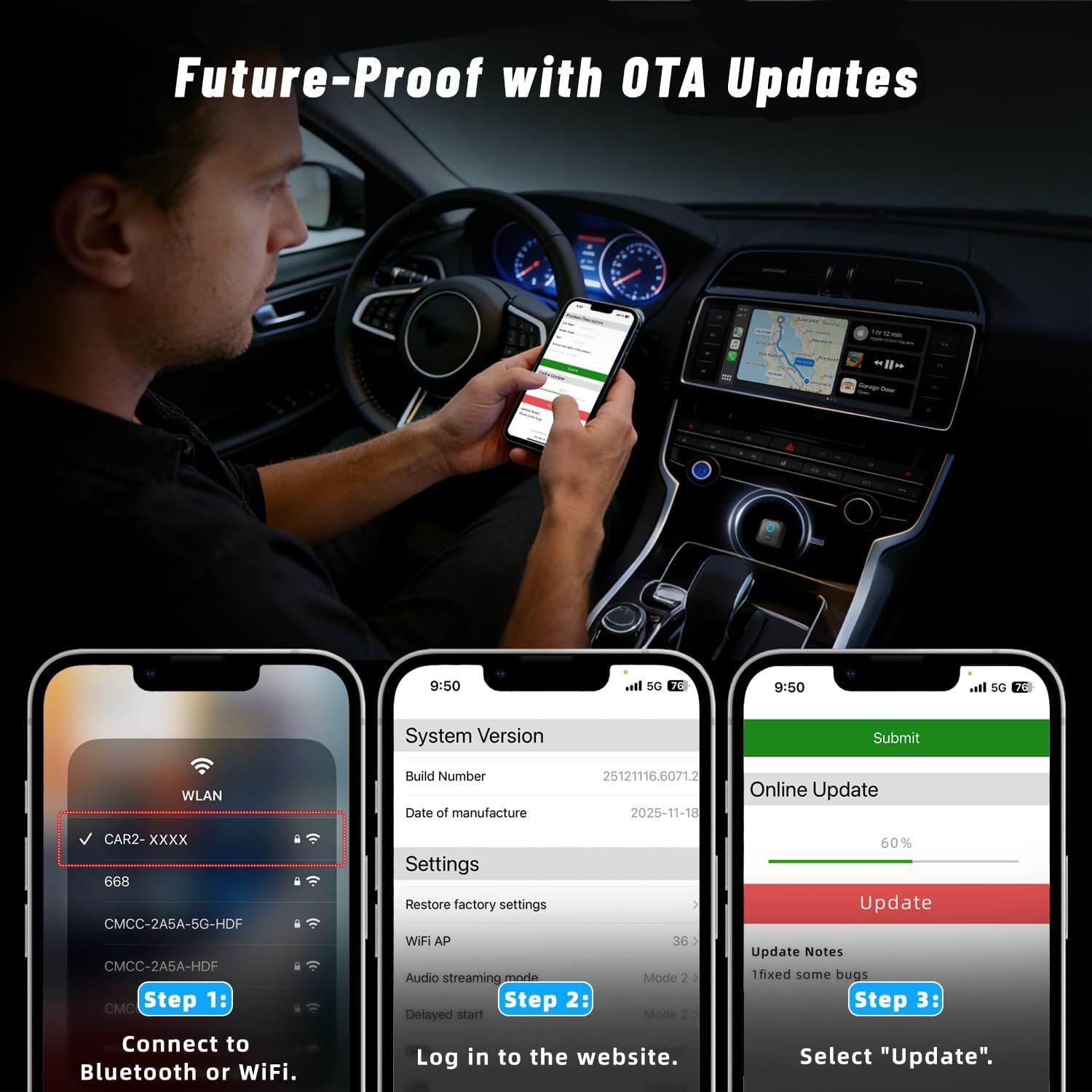 Holdsound Wireless CarPlay Adapter, Plug & Play Fast Connection, Universal for Cars with Factory Wired CarPlay/Android Auto (2016+ Model), iOS 10+/Android 11+(Carbon Black)