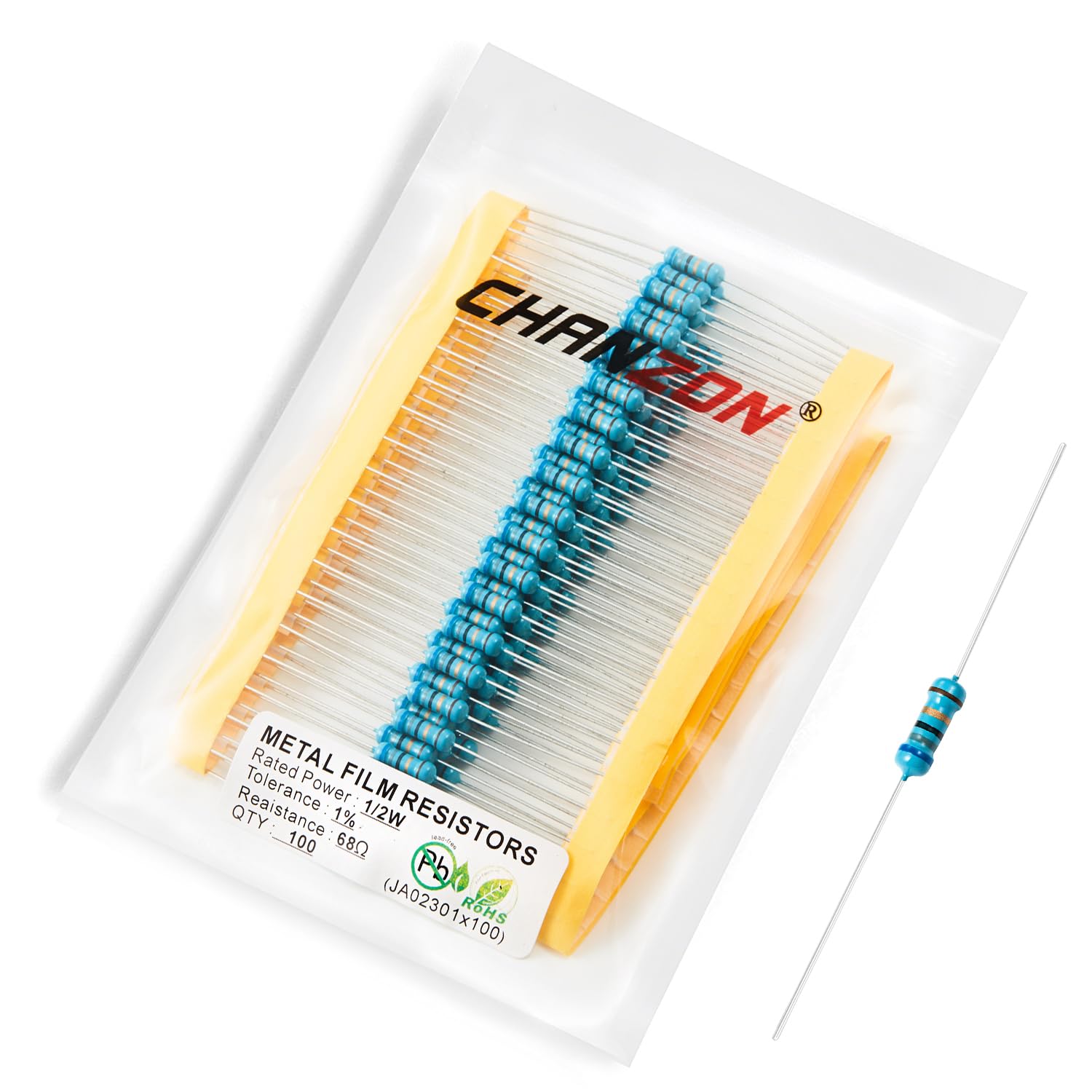 Chanzon 100pcs 1/2W (0.5W)68Ω ohm Metal Film Fixed Resistor 0.01 ±1% Tolerance 68 R MF Through Hole Resistors Current Limiting Rohs Certificated