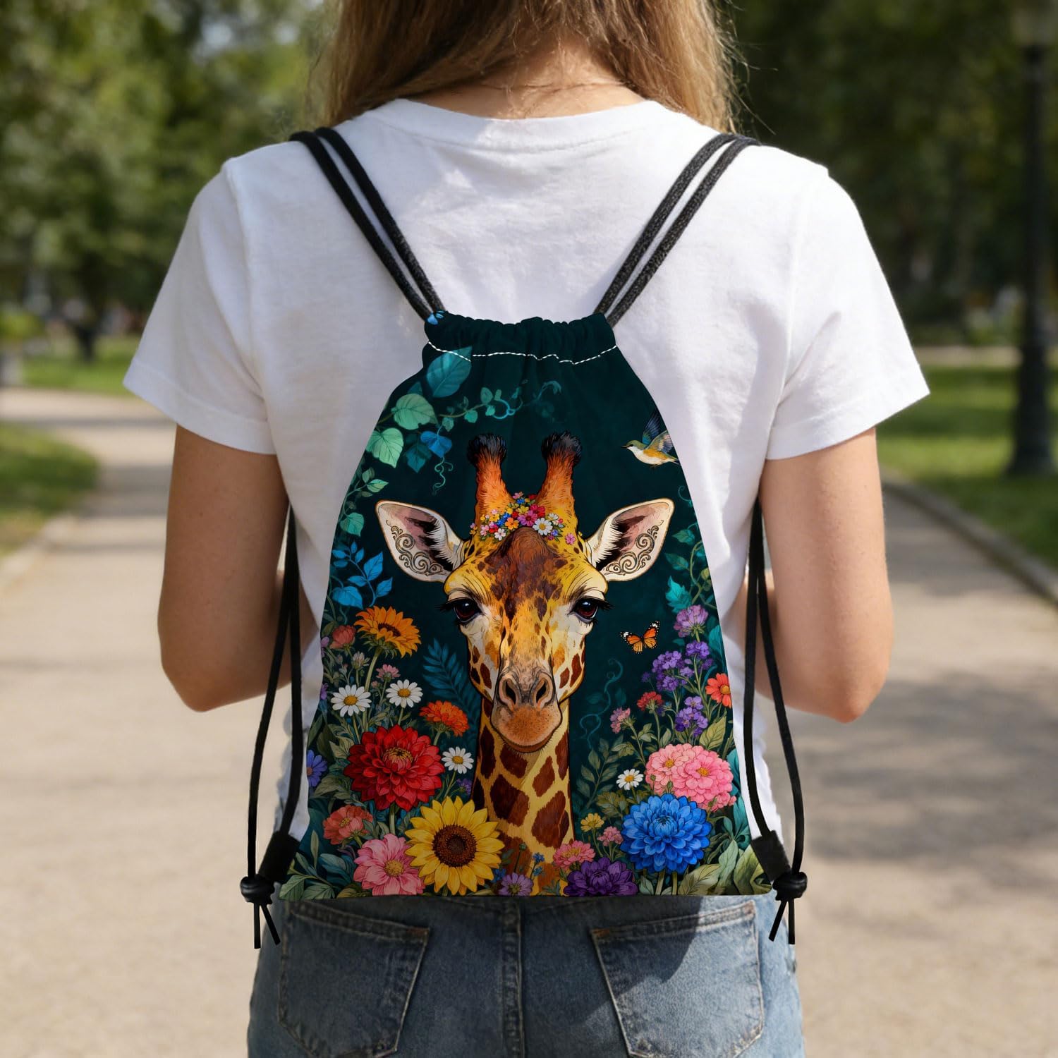 Floral Giraffe Dual-Sided Print Drawstring Bag
