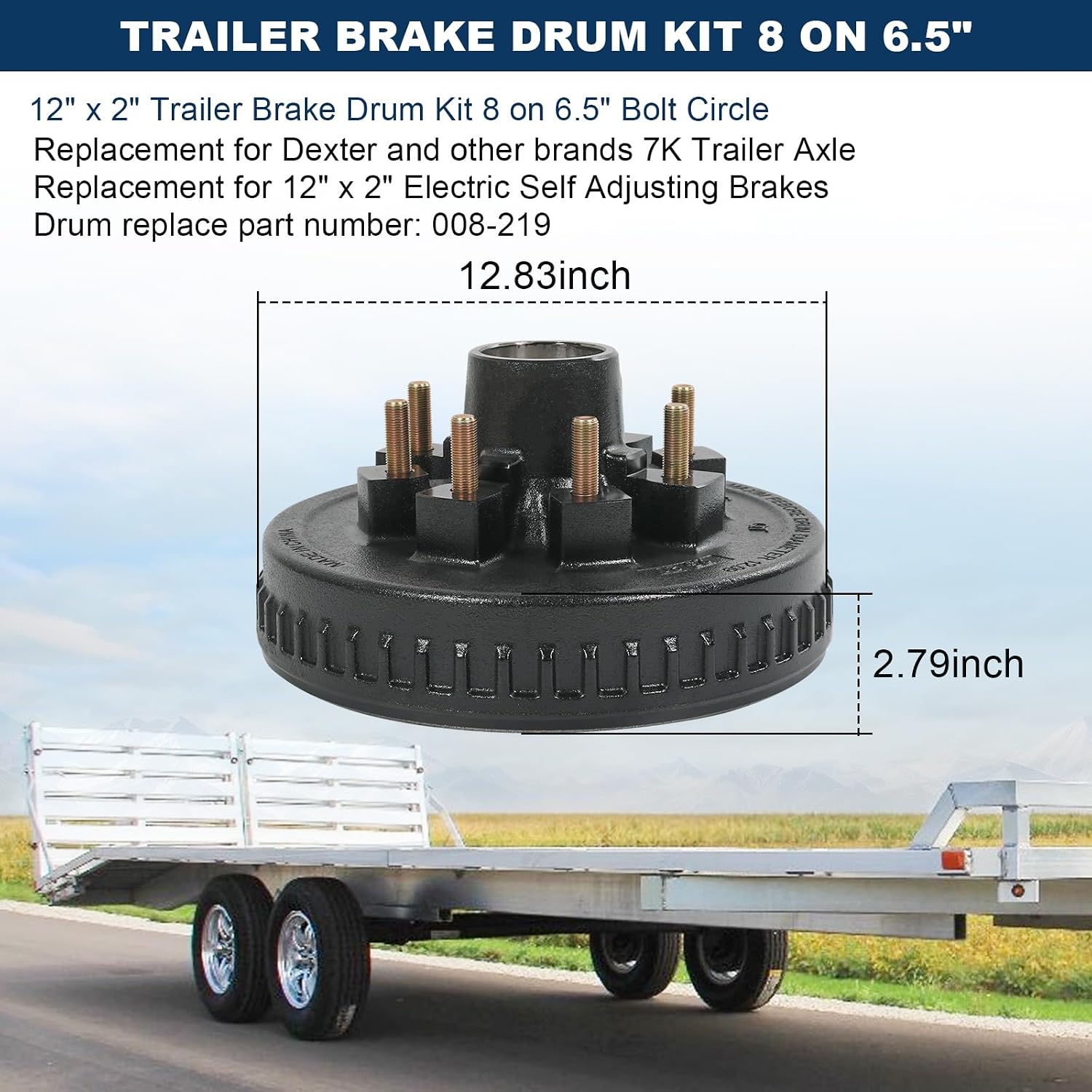 Trailer Hub Drum Kits 8 on 6.5" B.C. with 12" x 2" Self-Adjusting Electric Brakes Assembly for 7K Axle 9/16" Studs Complete Left + Right Set